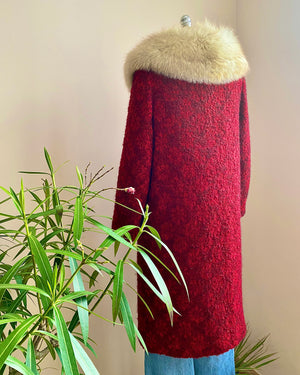 Vintage 1960s Wool Tweed Boucle Red Coat With Fox Fur Collar M