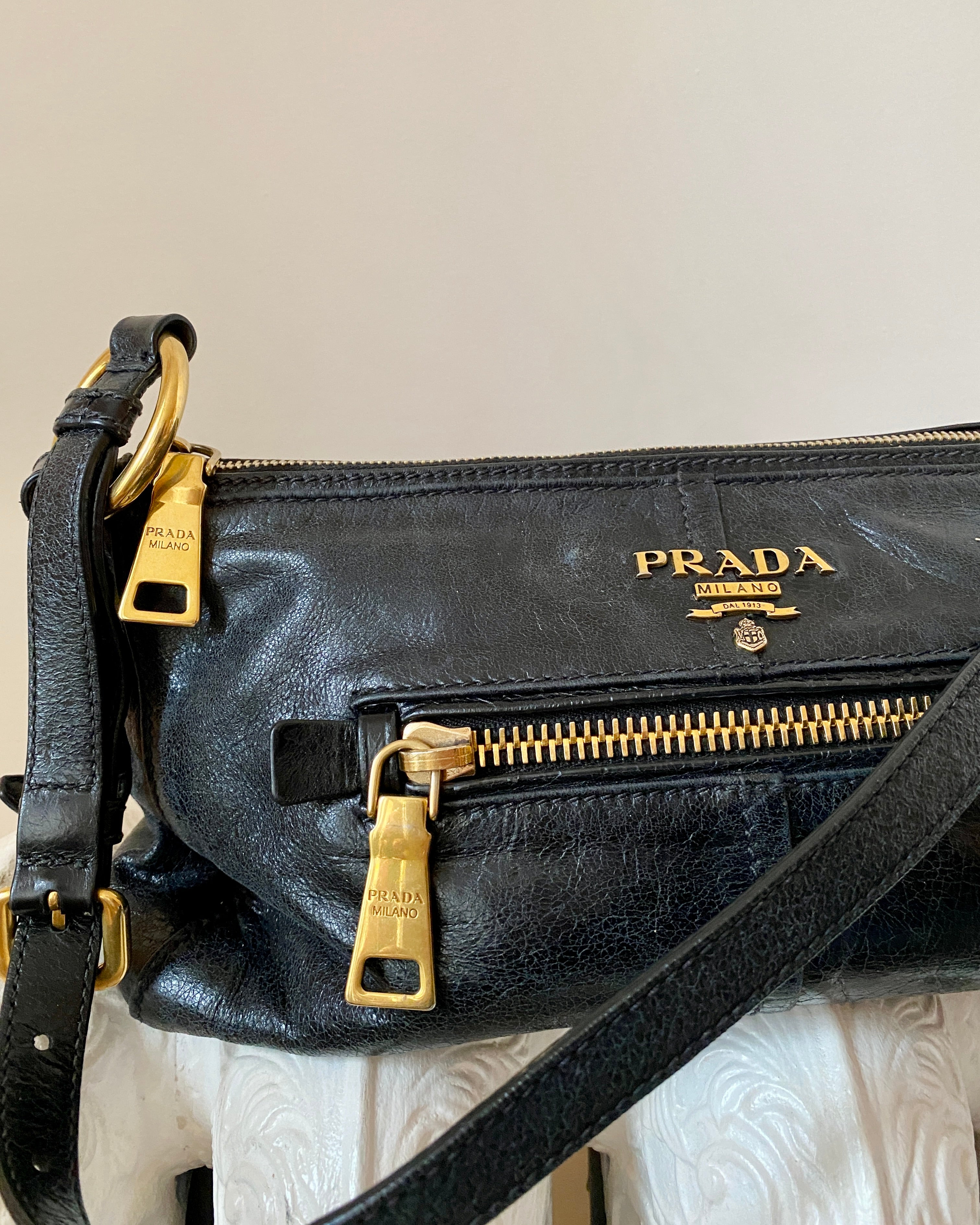 Vintage Y2K PRADA Vitello Shine Black Shoulder Bag With Gold Tone Hardware