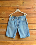Vintage 1990s Red Tab Levis 505 High Waist Regular fit Medium Blue Wash Hemmed Denim Jean Shorts Paper Tag Size 32 Waist Made in USA