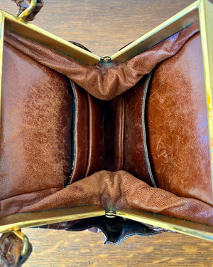 Vintage 1940s DEITSCH BROTHERS Brown Alligator Handbag with Brass Hinged Frame Closure
