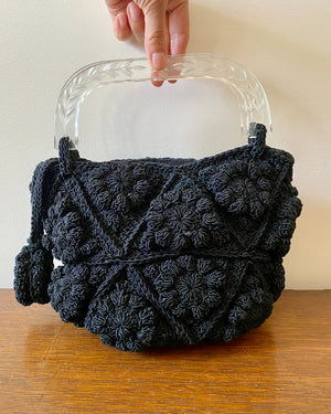 Vintage 1940s 1950s Black Crochet Bobble Stitch Purse Hand Bag with Lucite Handle
