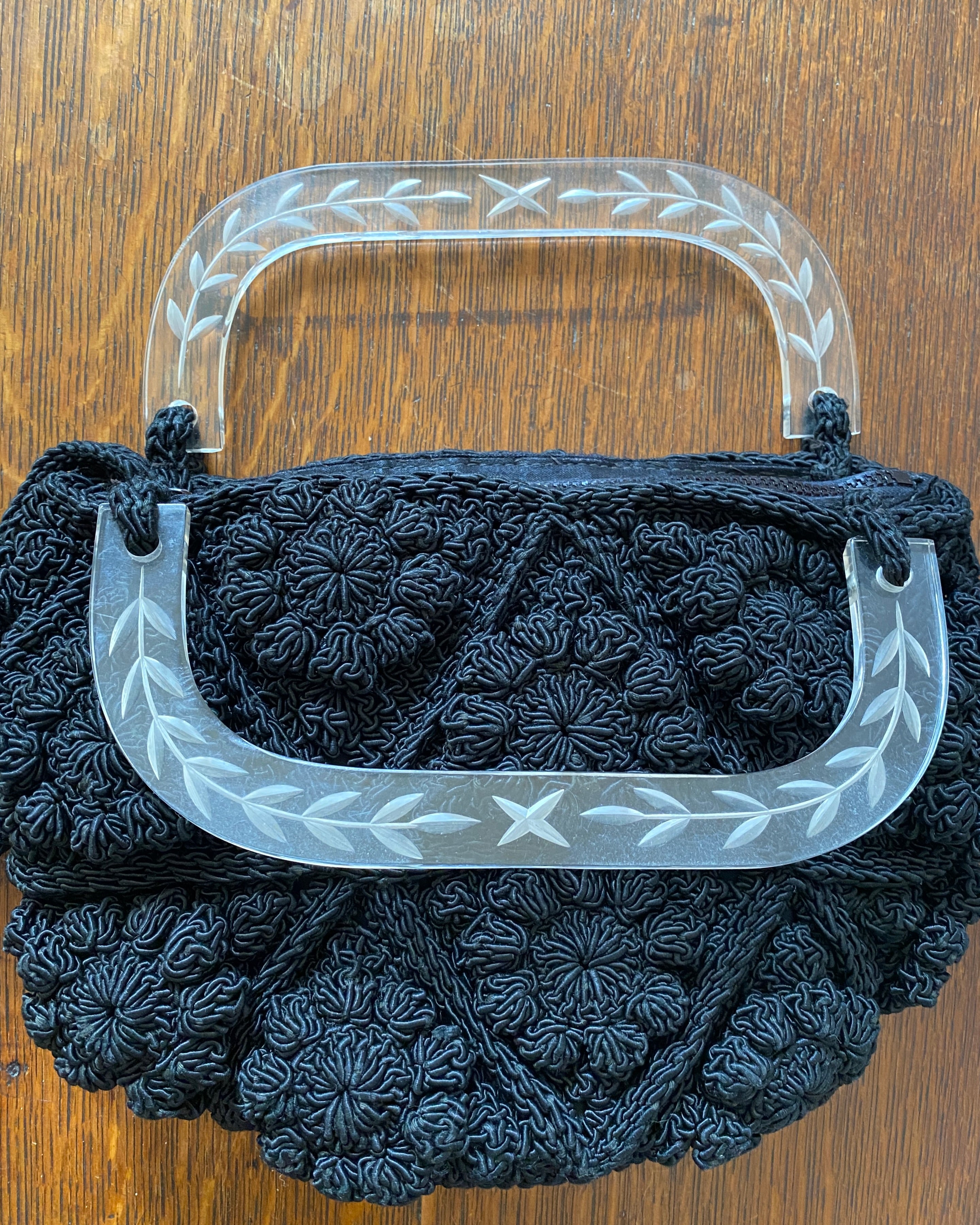 Vintage 1940s 1950s Black Crochet Bobble Stitch Purse Hand Bag with Lucite Handle