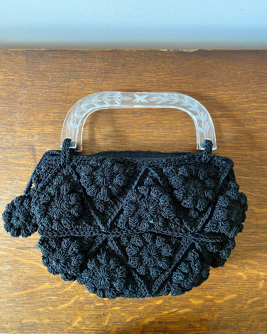 Vintage 1940s 1950s Black Crochet Bobble Stitch Purse Hand Bag with Lucite Handle