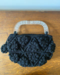 Vintage 1940s 1950s Black Crochet Bobble Stitch Purse Hand Bag with Lucite Handle