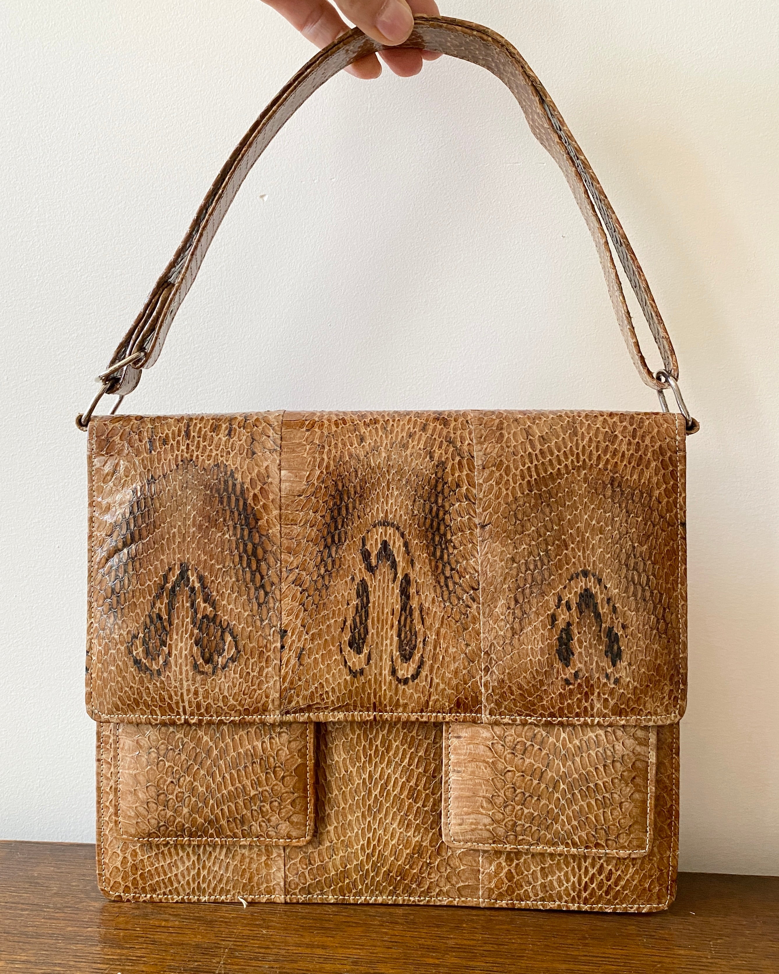 Vintage 1970s Tan Snake Skin Hand Bag in New Condition