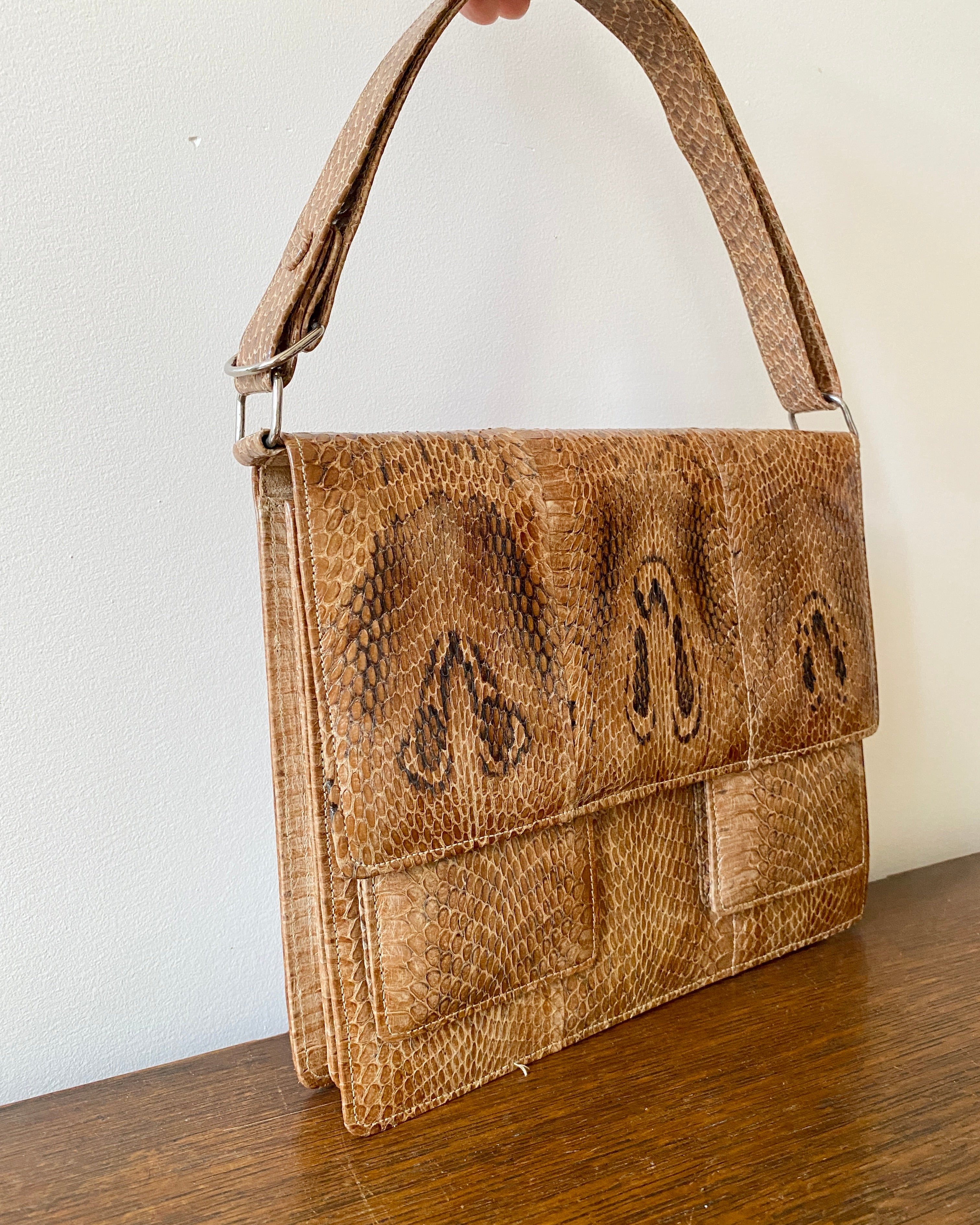 Vintage 1970s Tan Snake Skin Hand Bag in New Condition