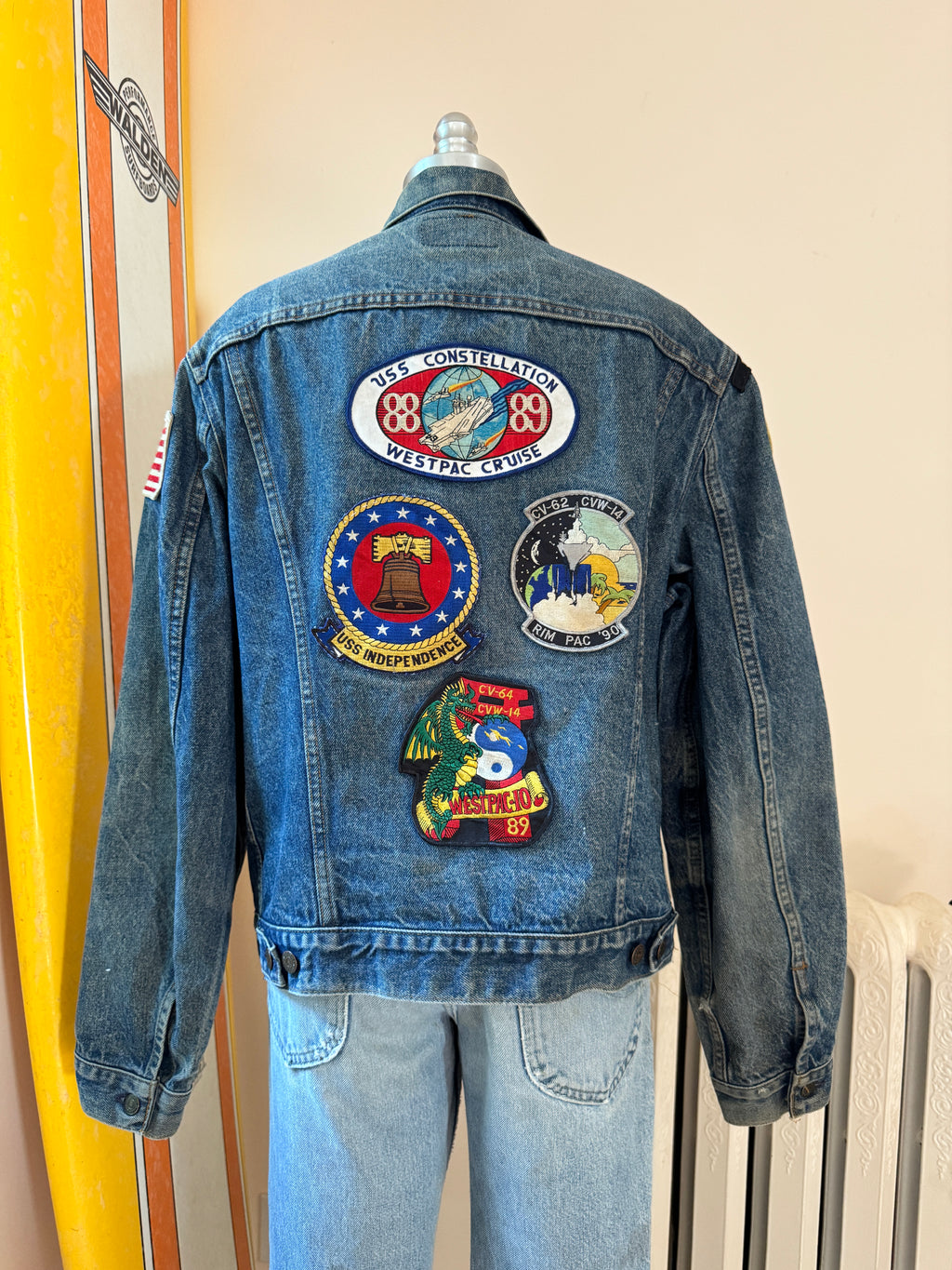 Vintage 80s 90s Levi's Trucker Jean Jacket Classic Type 3 Red Tab Military Embroidered Patches: Medium Wash Denim Made in USA #705060217