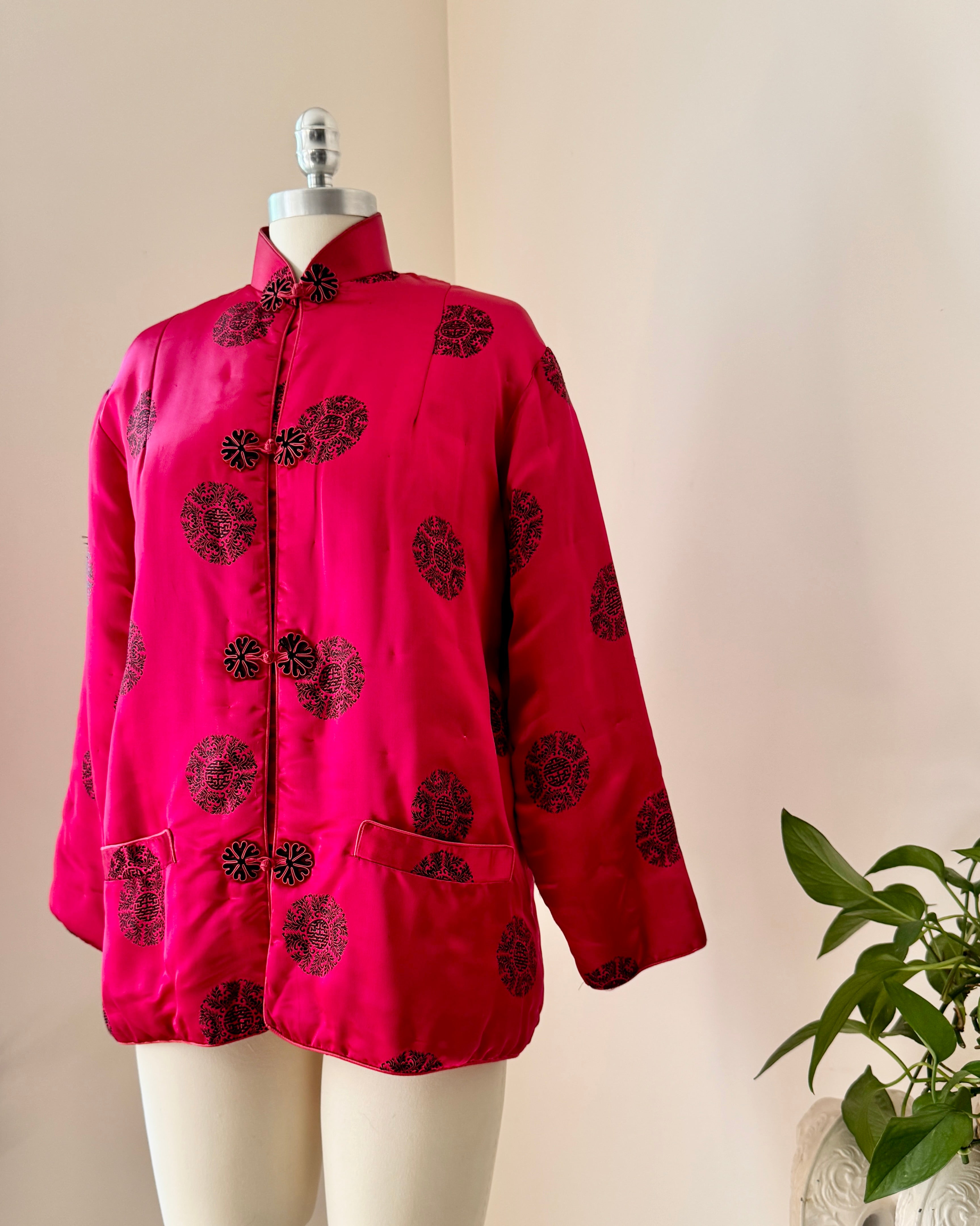 Vintage 1960s Silk Satin Chinese Quilted Brocade Rasberry and Black Jacket with Frog Buttons and Mandarin Collar