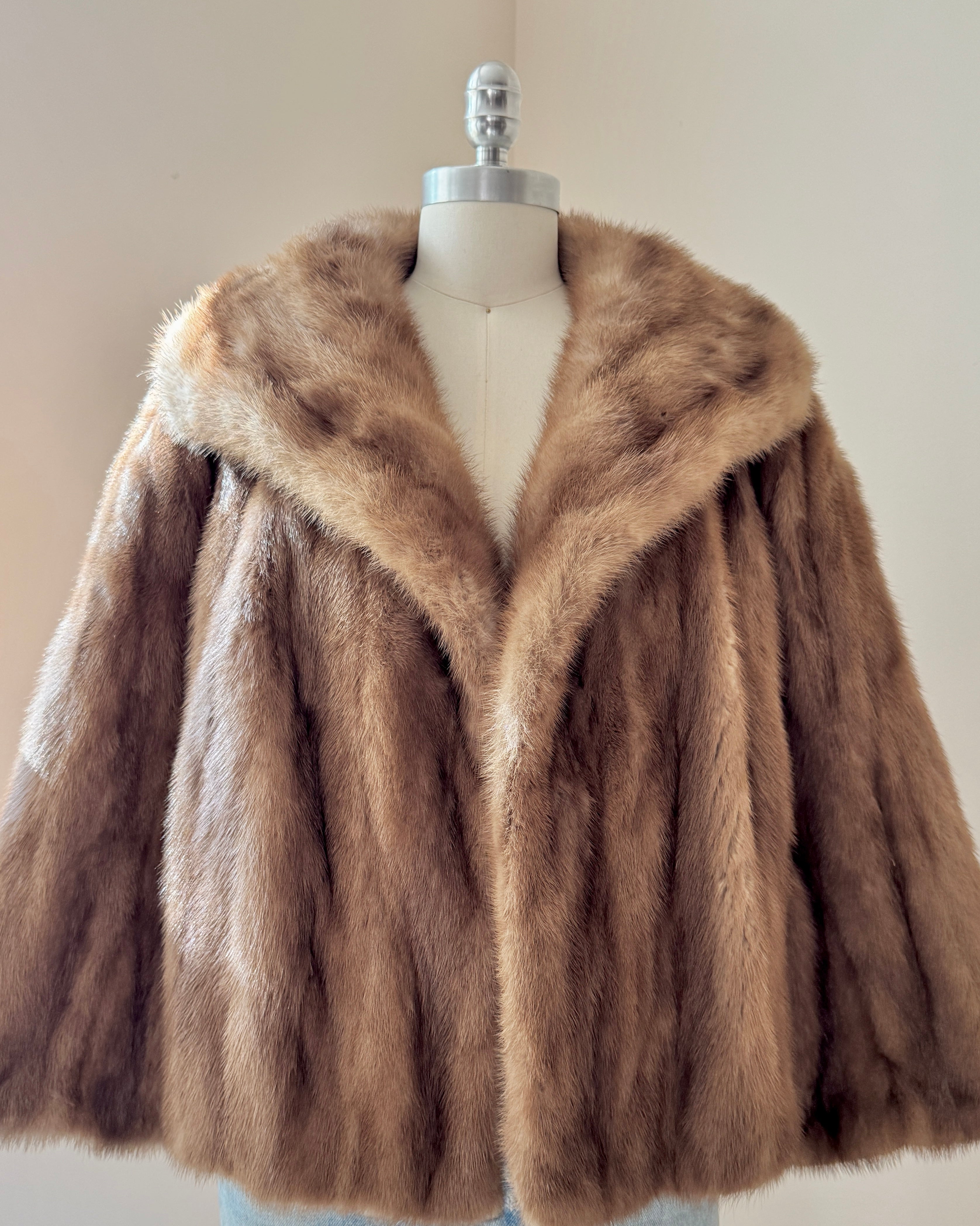 Vintage 1950s Mink Fur Jacket Brown or Honey Blonde Color Crop Swing Jacket Stole with Shawl Collar M