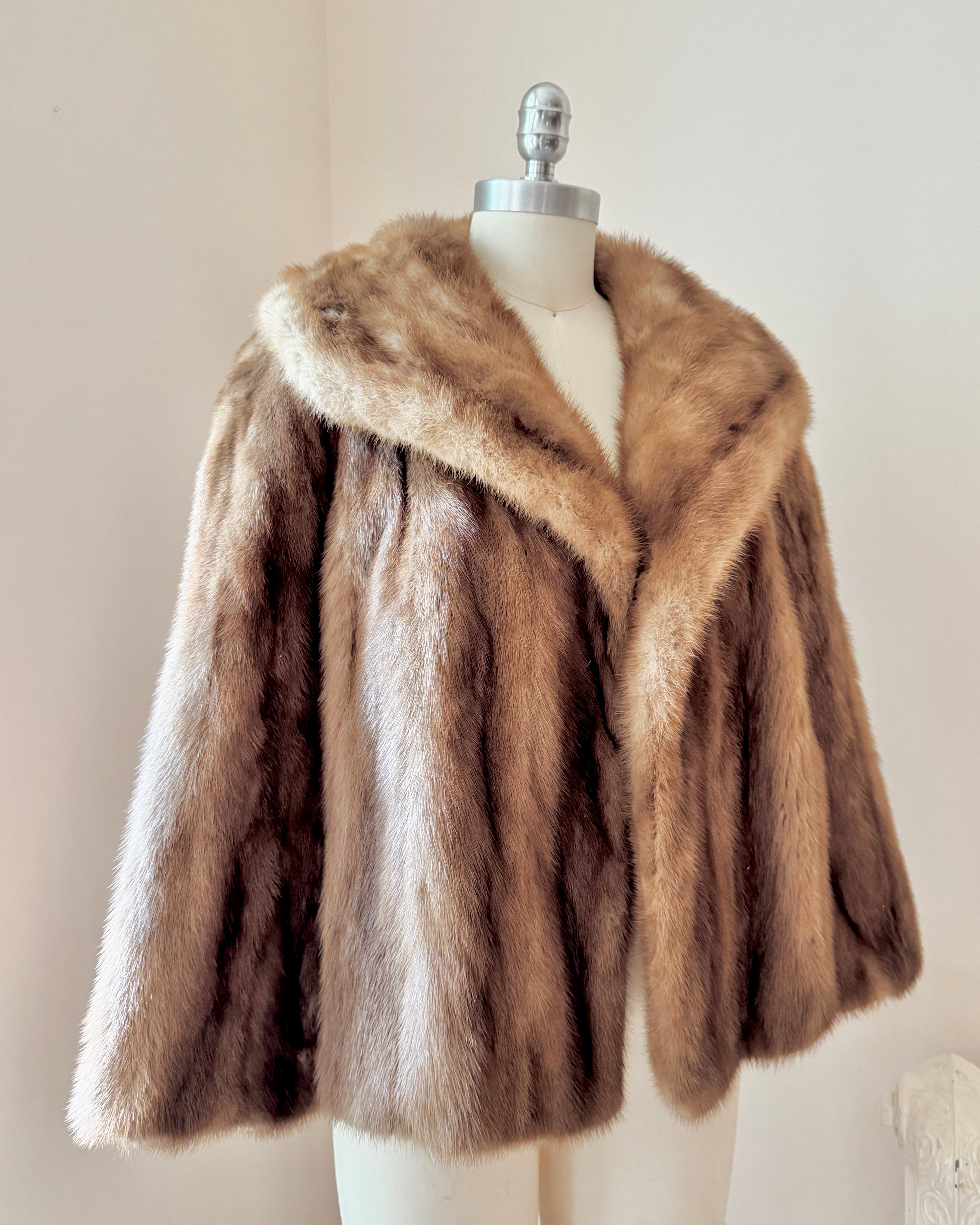 Vintage 1950s Mink Fur Jacket Brown or Honey Blonde Color Crop Swing Jacket Stole with Shawl Collar M