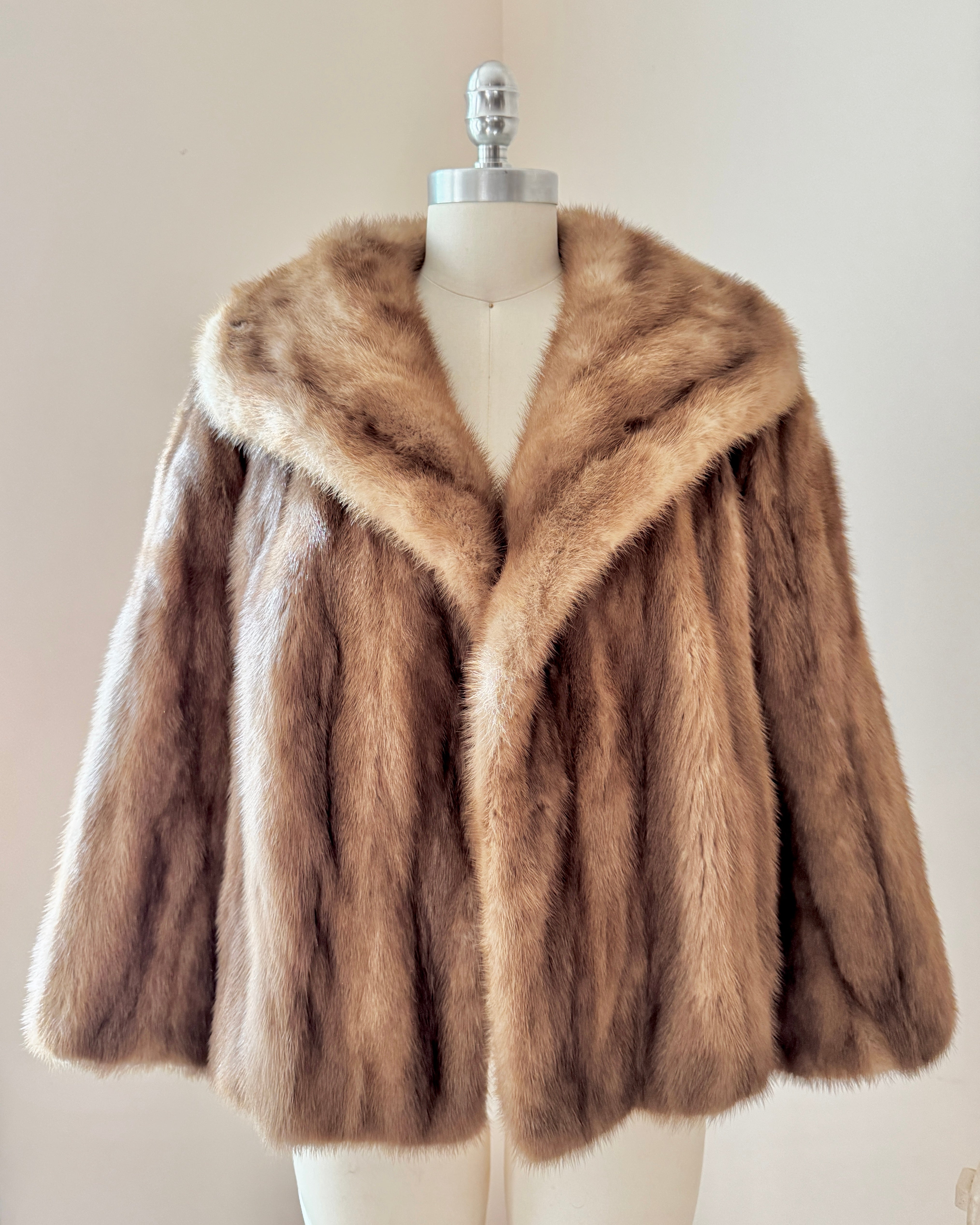 Vintage 1950s Mink Fur Jacket Brown or Honey Blonde Color Crop Swing Jacket Stole with Shawl Collar M