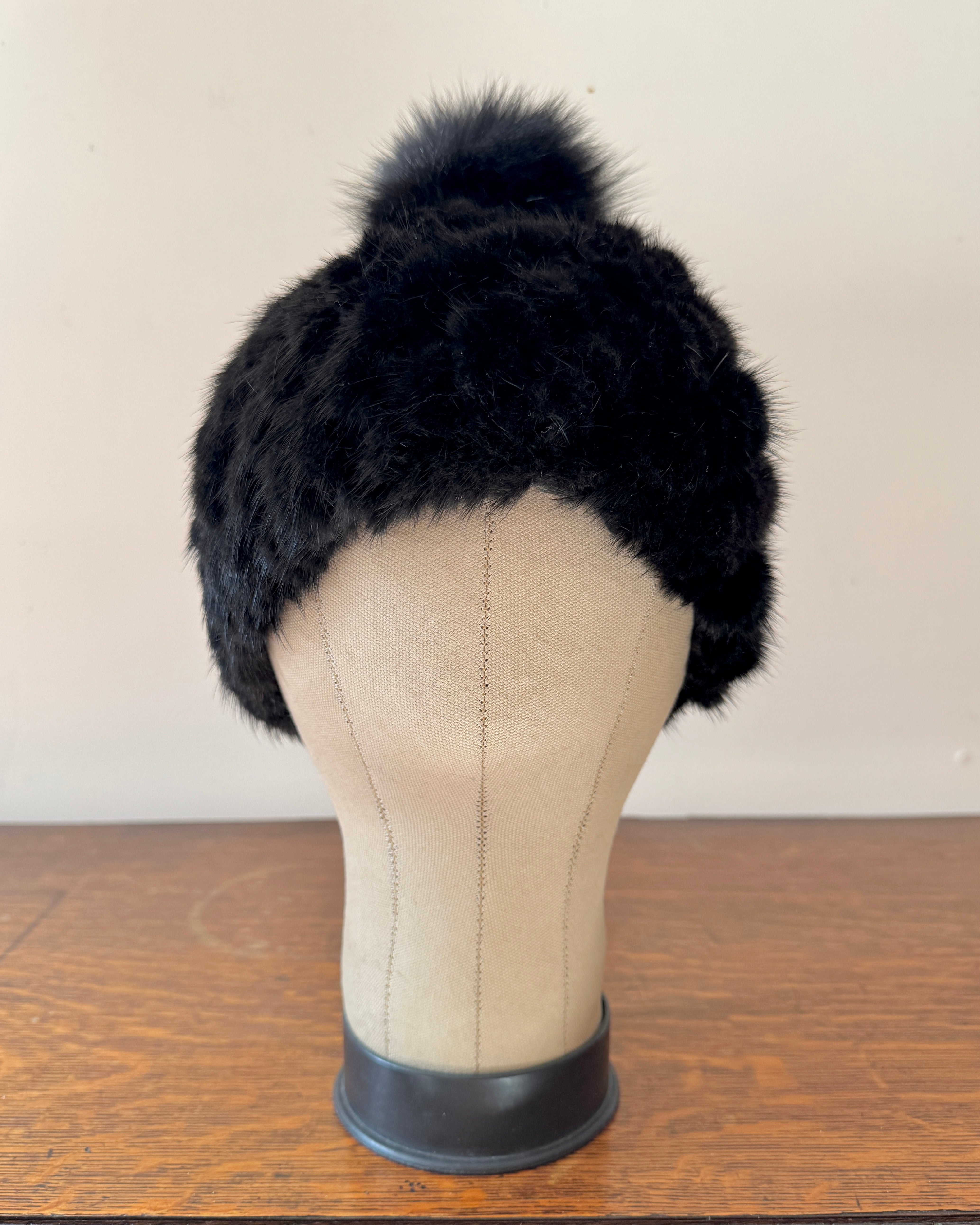 Vintage Real Mink Fur Black Knitted Beanie Toques Hat with Fox Fur Pom Pom One Size
