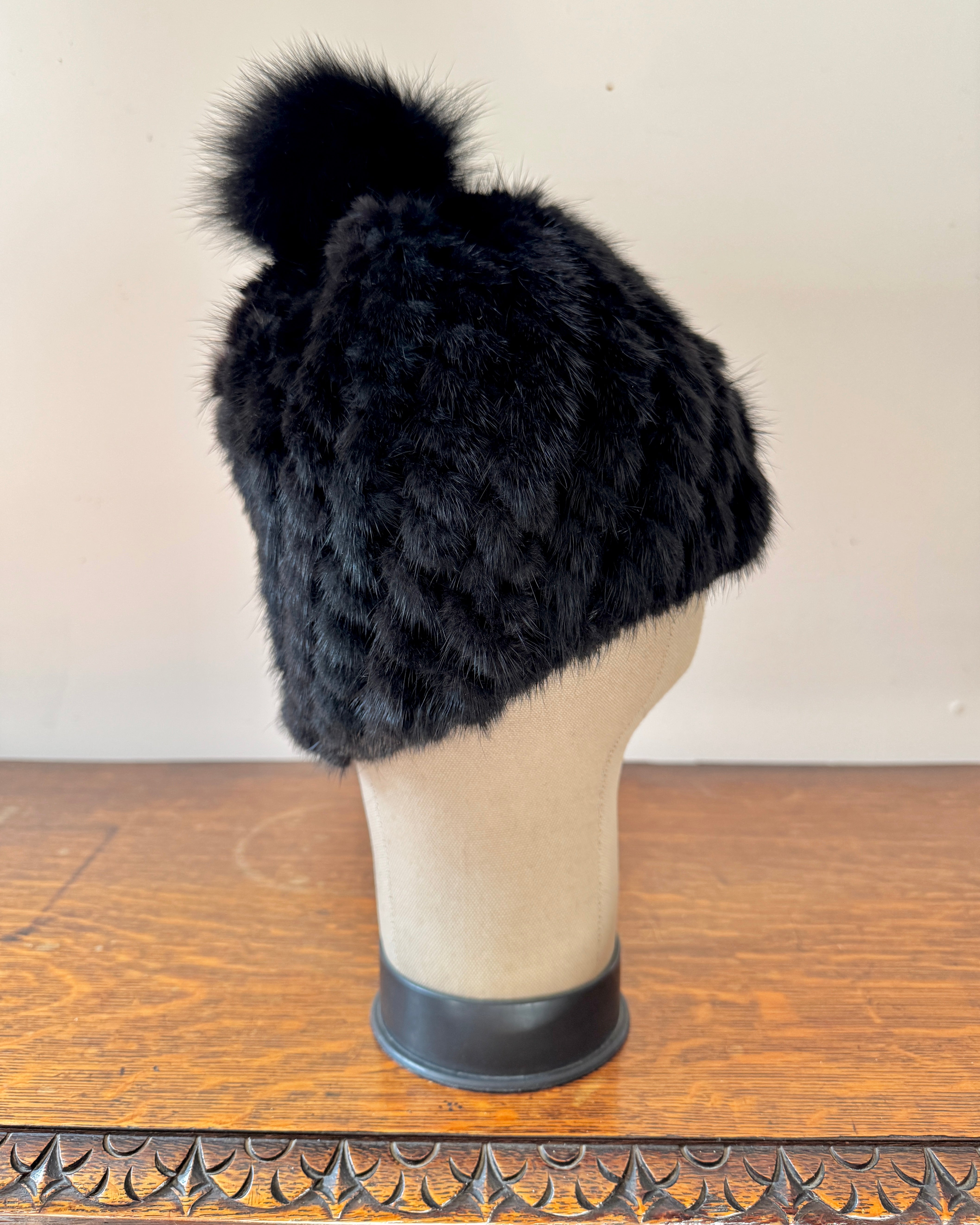 Vintage Real Mink Fur Black Knitted Beanie Toques Hat with Fox Fur Pom Pom One Size