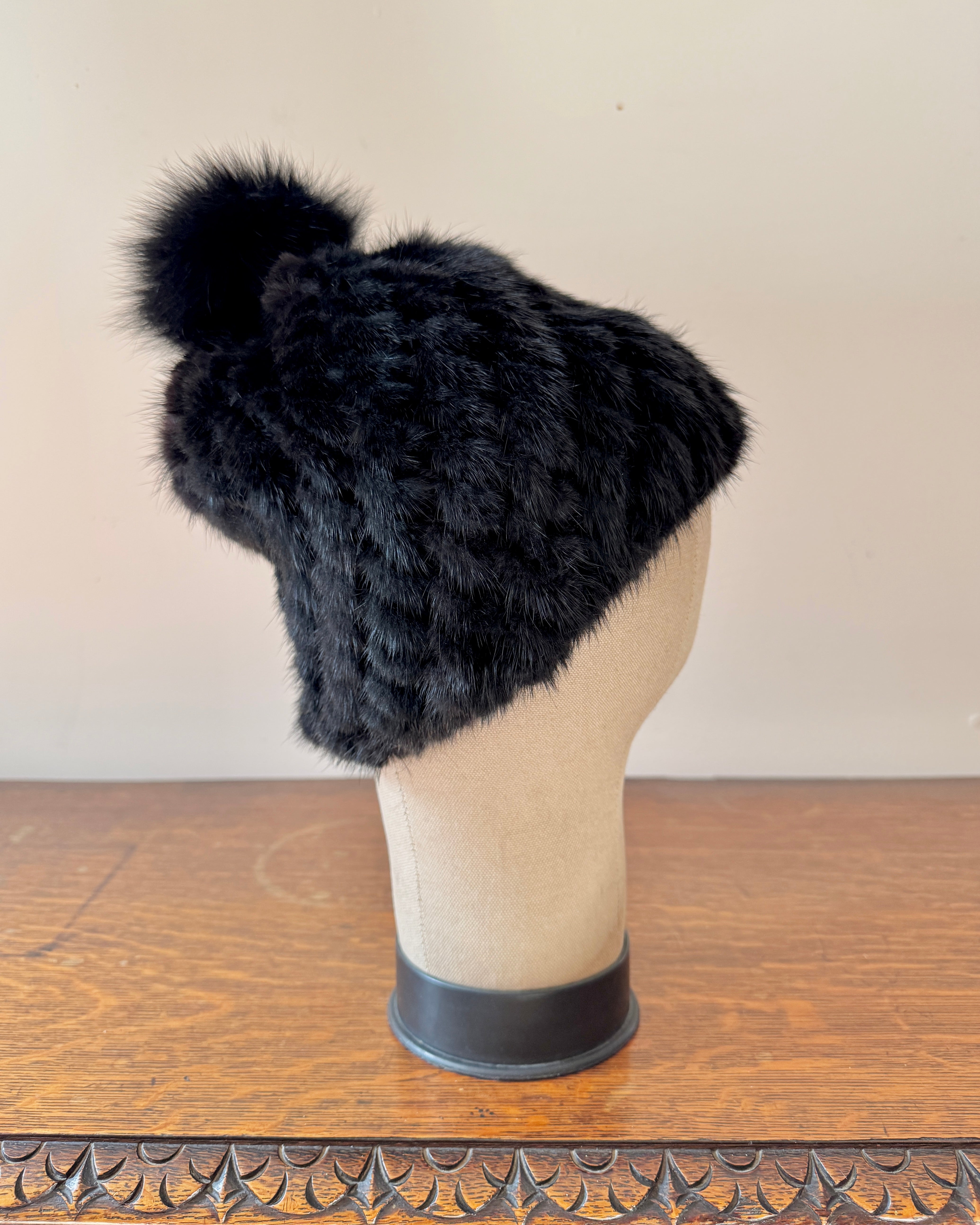 Vintage Real Mink Fur Black Knitted Beanie Toques Hat with Fox Fur Pom Pom One Size