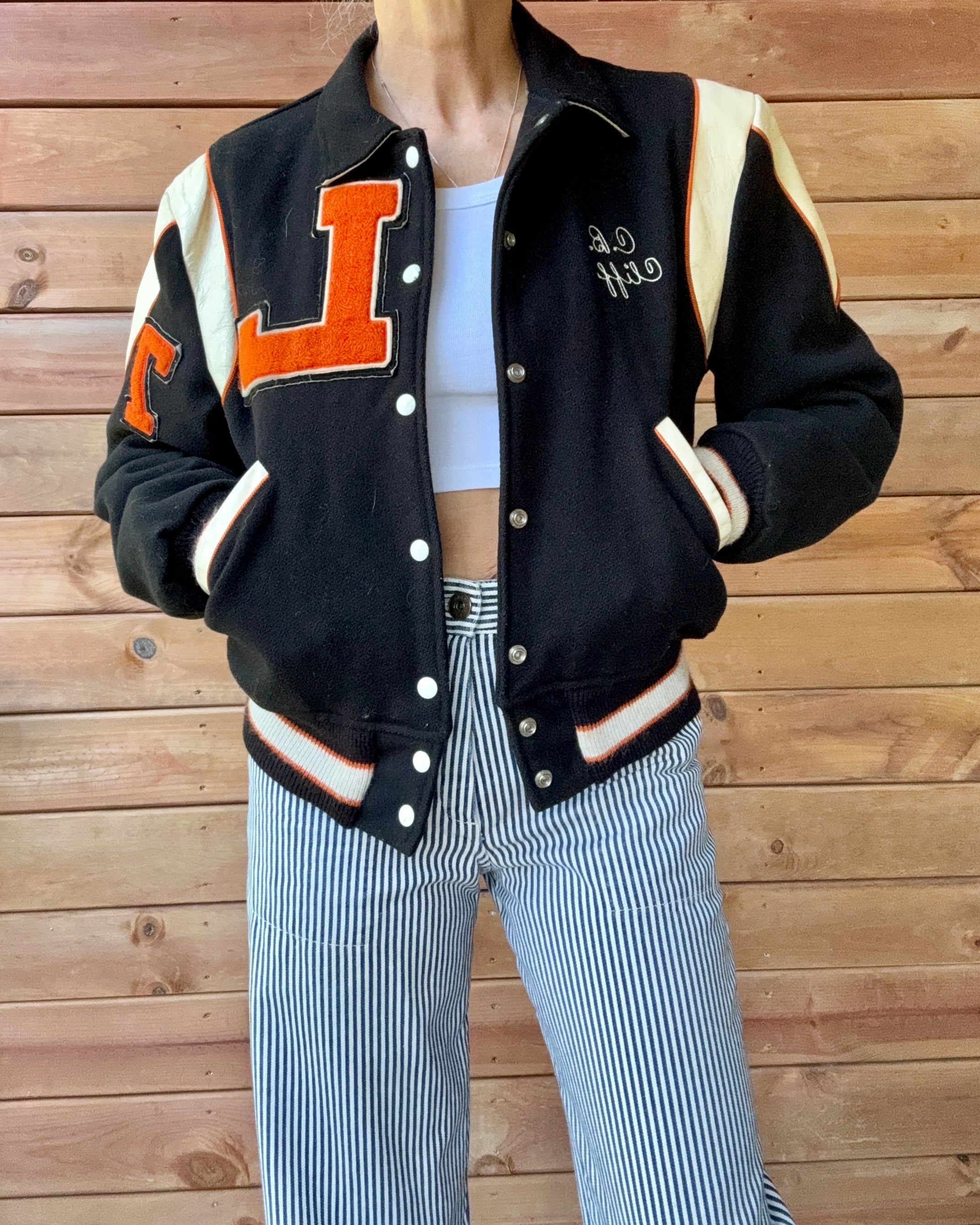 Vintage 1970s FLYNNTAN Black Cream & Orange Wool Embroidered Letterman Varsity College Snap Jacket Bomber M L 40