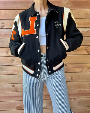 Vintage 1970s FLYNNTAN Black Cream & Orange Wool Embroidered Letterman Varsity College Snap Jacket Bomber M L 40
