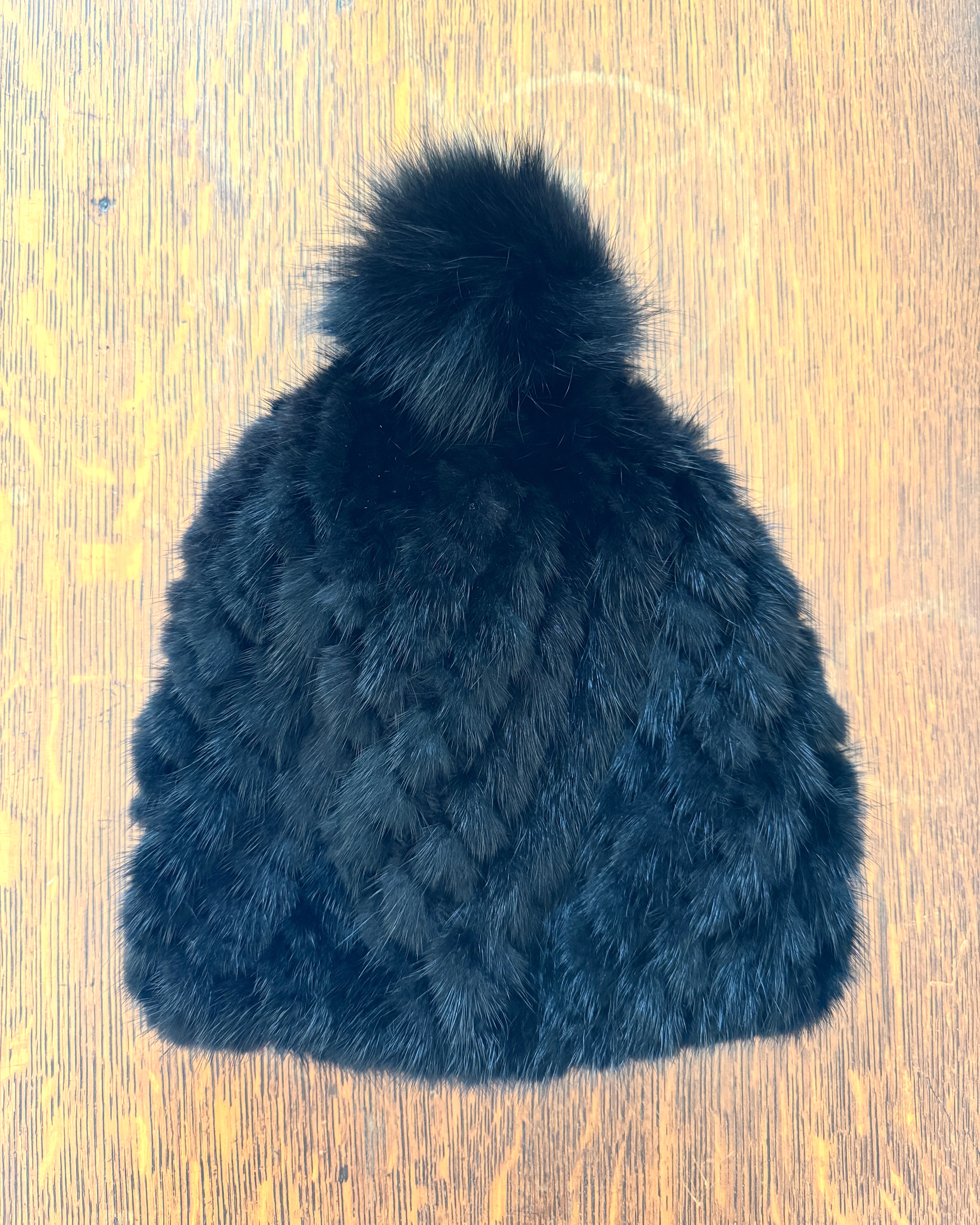 Vintage Real Mink Fur Black Knitted Beanie Toques Hat with Fox Fur Pom Pom One Size