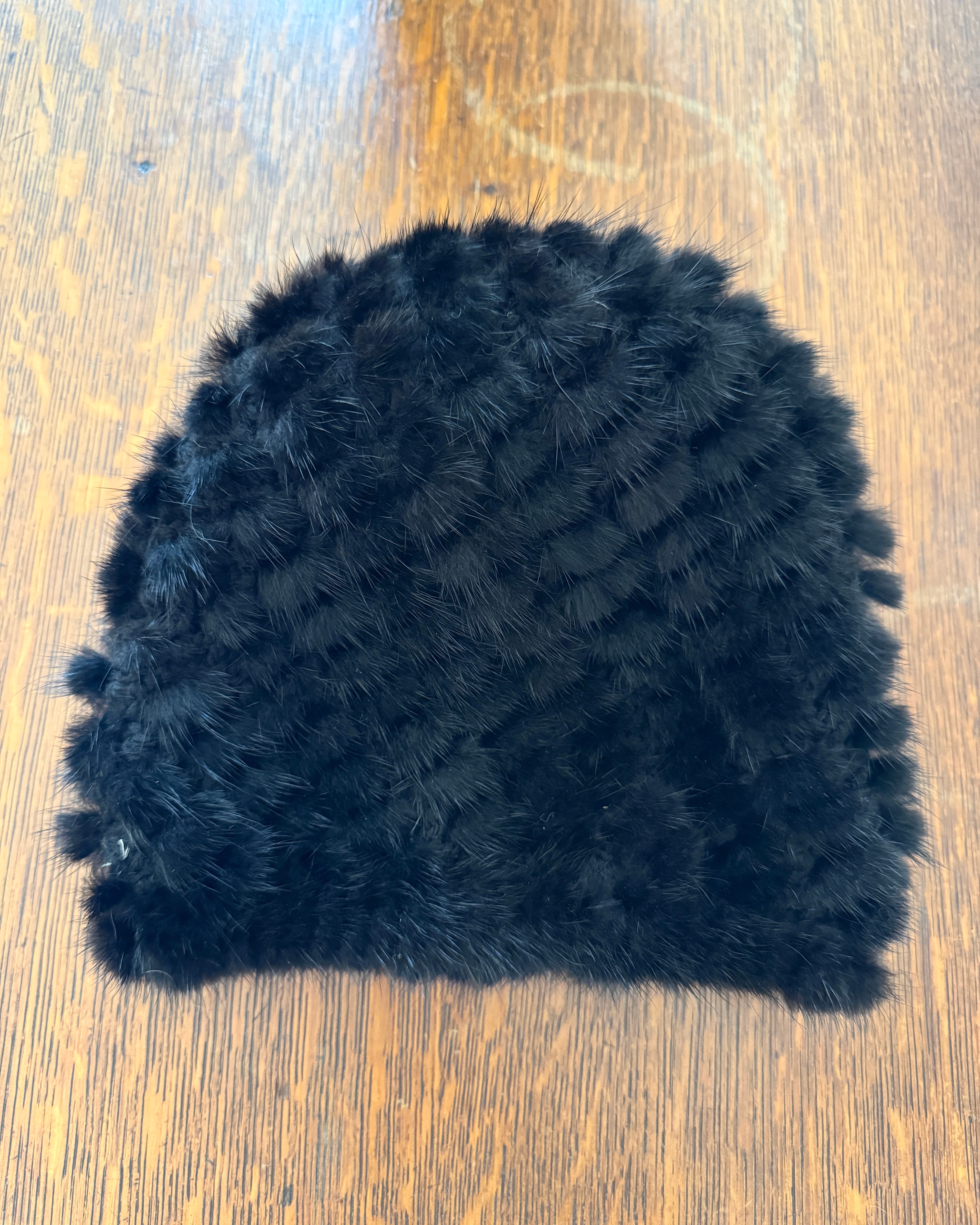 Vintage Real Mink Fur Black Knitted Beanie Toques Hat with Fox Fur Pom Pom One Size