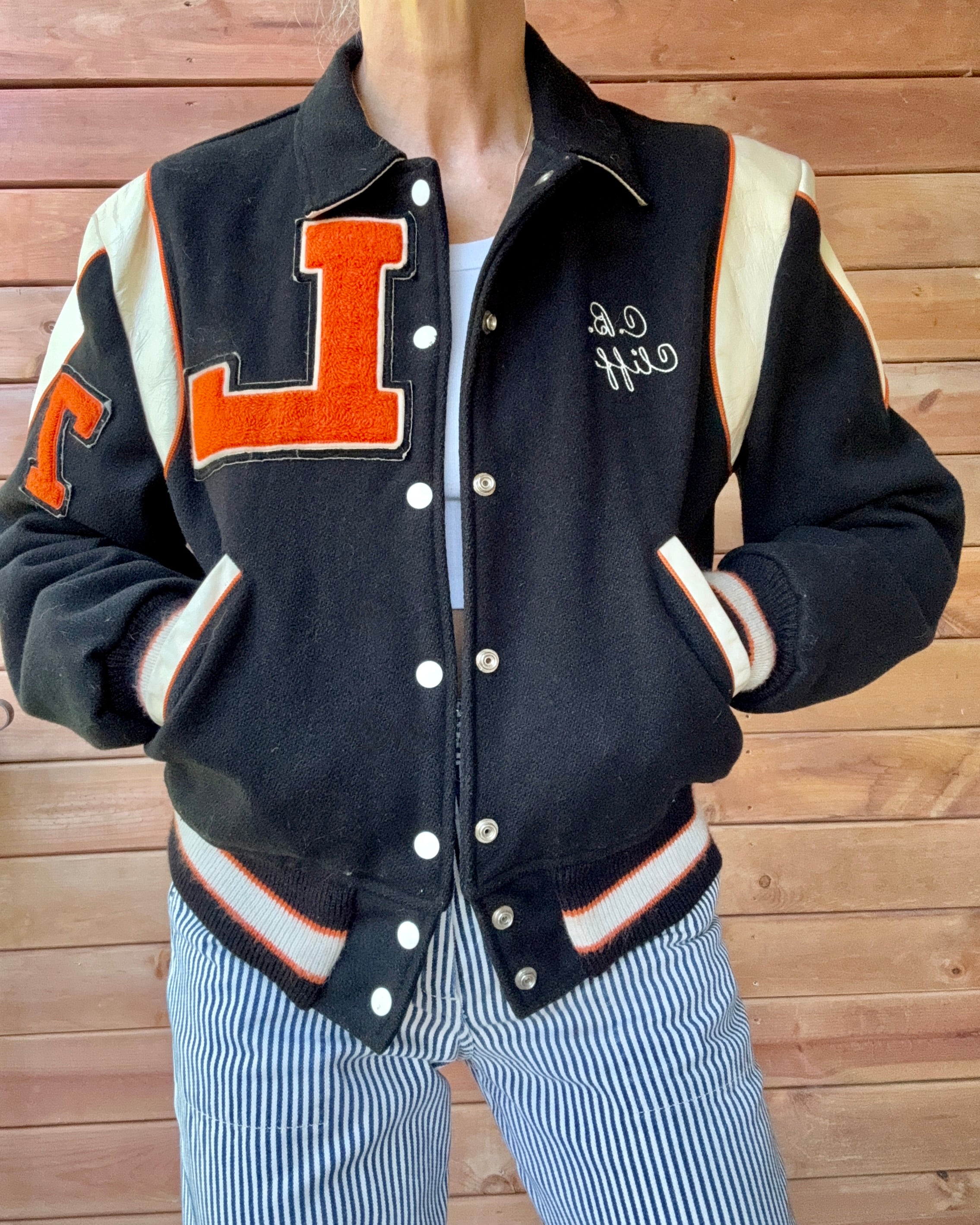 Vintage 1970s FLYNNTAN Black Cream & Orange Wool Embroidered Letterman Varsity College Snap Jacket Bomber M L 40