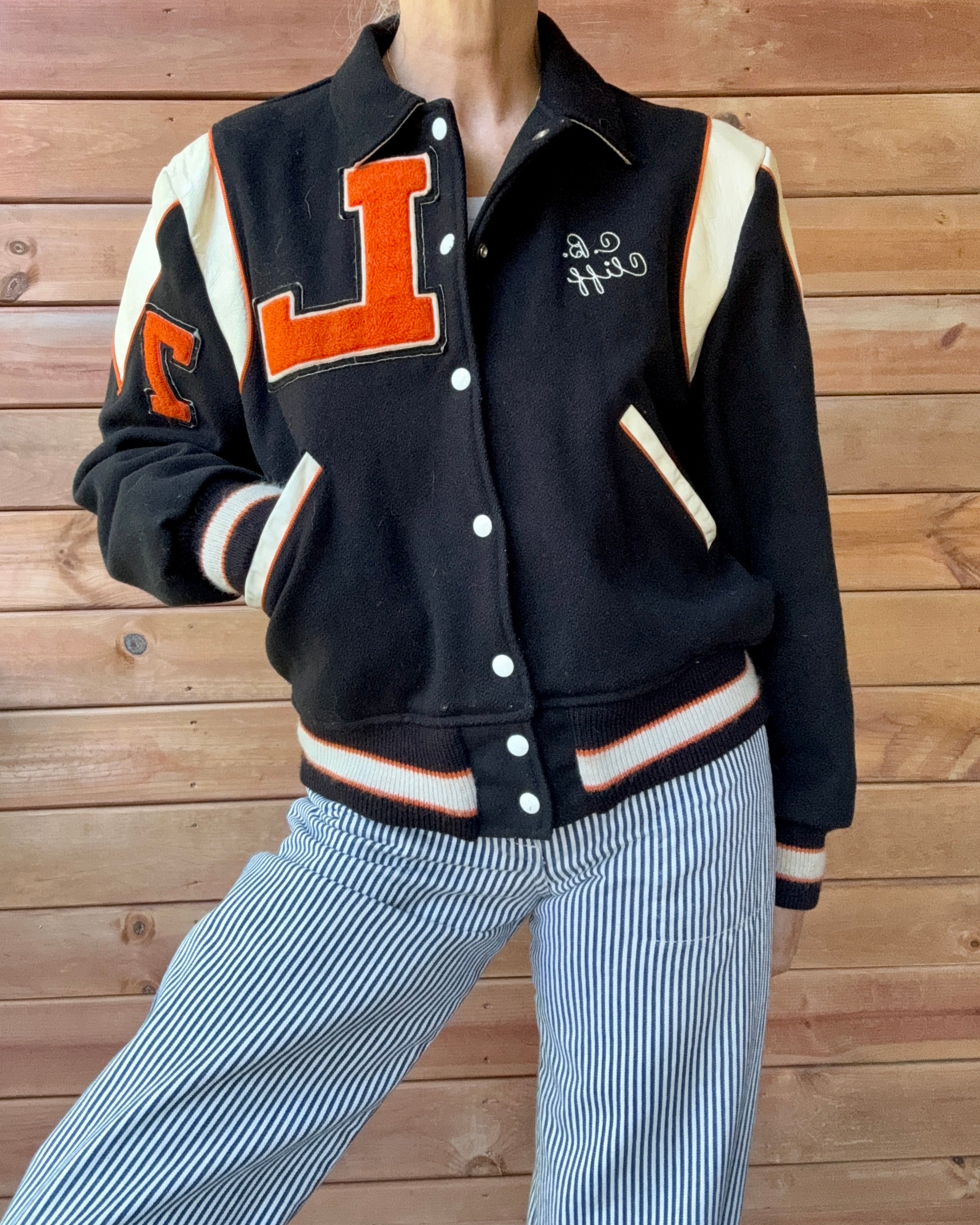 Vintage 1970s FLYNNTAN Black Cream & Orange Wool Embroidered Letterman Varsity College Snap Jacket Bomber M L 40