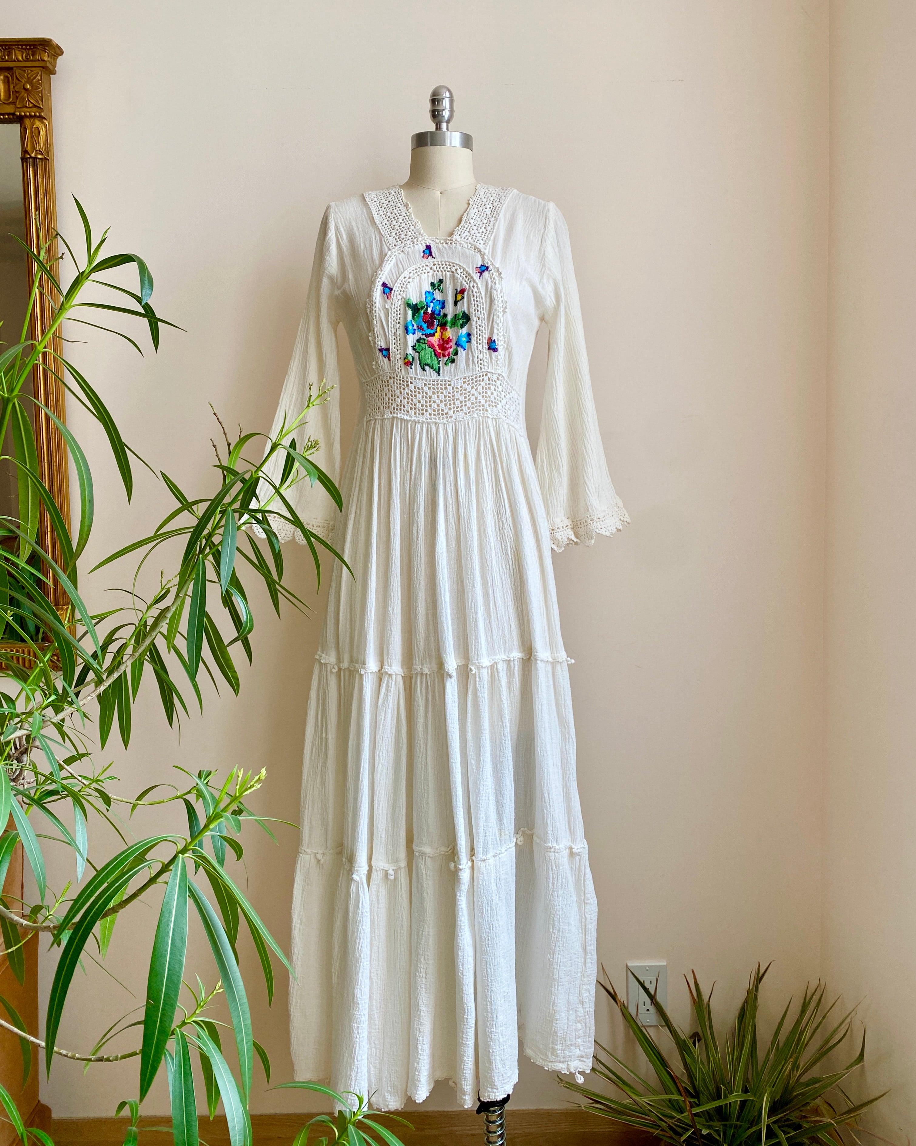 VINTAGE 1970s Cream Cotton Gauze Tiered Bell Sleeve Prairie Maxi Dress with Embroidery and Crochet Details size S 4
