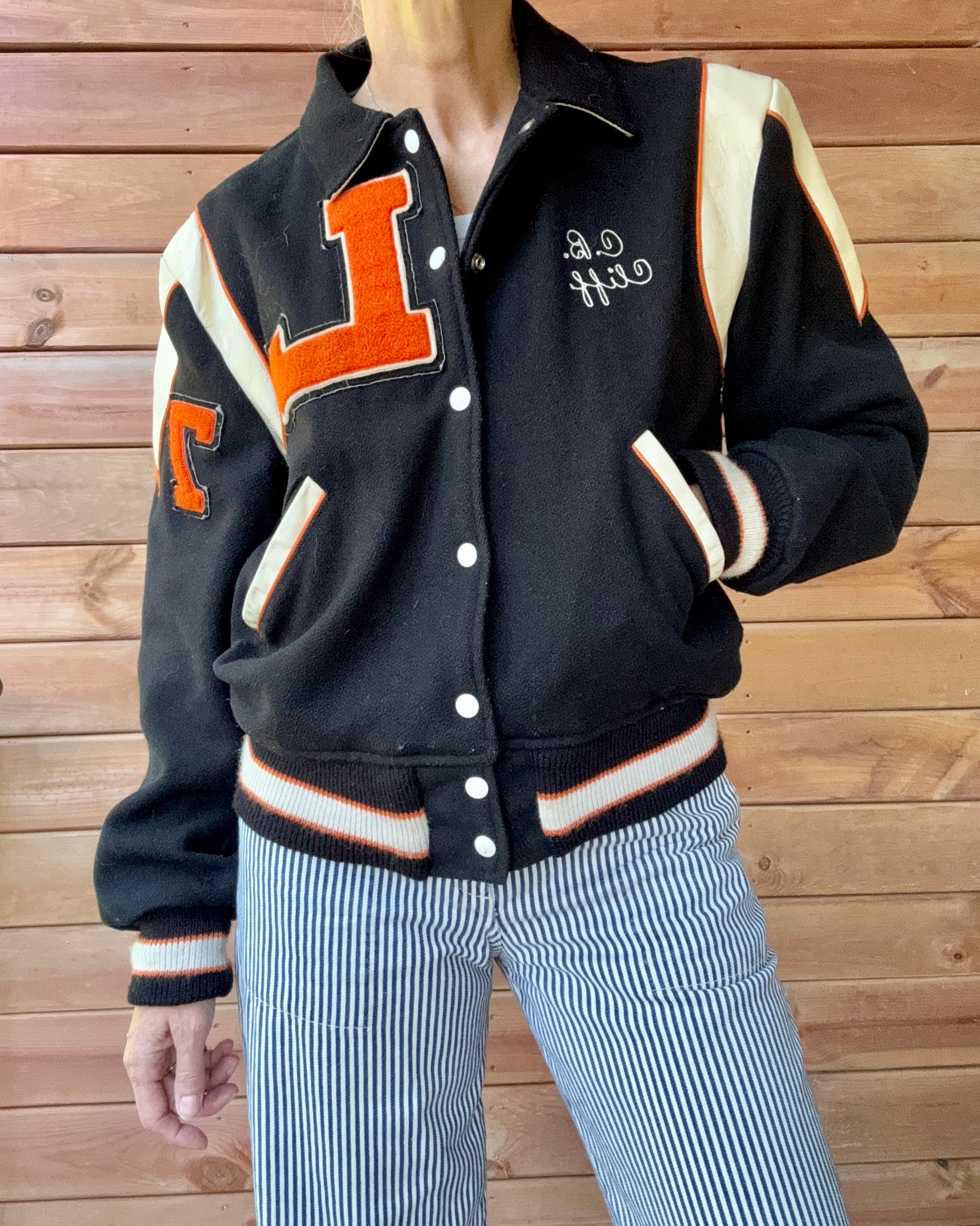 Vintage 1970s FLYNNTAN Black Cream & Orange Wool Embroidered Letterman Varsity College Snap Jacket Bomber M L 40