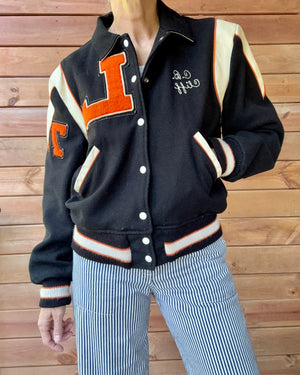 Vintage 1970s FLYNNTAN Black Cream & Orange Wool Embroidered Letterman Varsity College Snap Jacket Bomber M L 40
