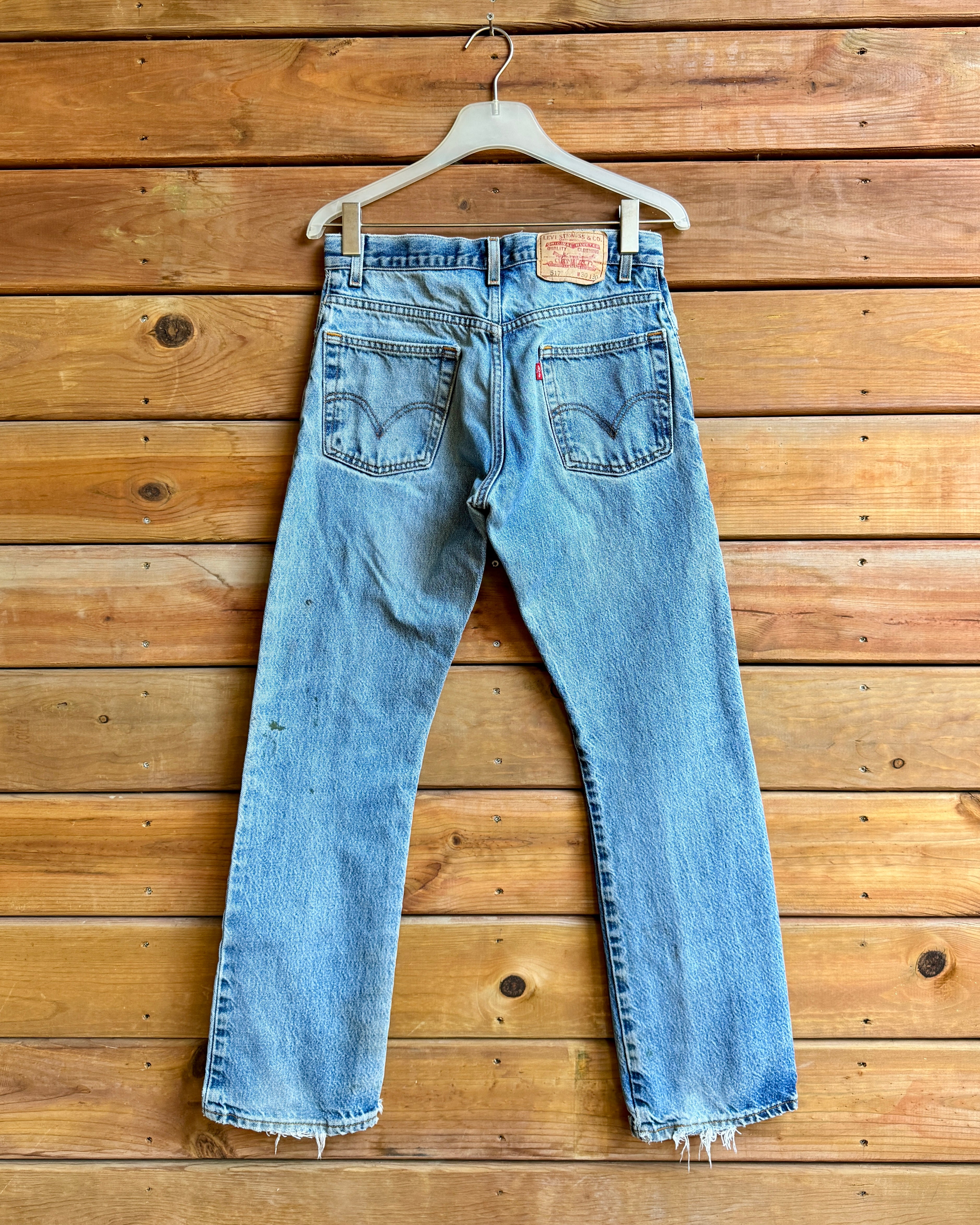 Vintage 90s Levis 517 Boot Cut Distressed Light Blue Wash Jeans Waist 29 Inseam 30