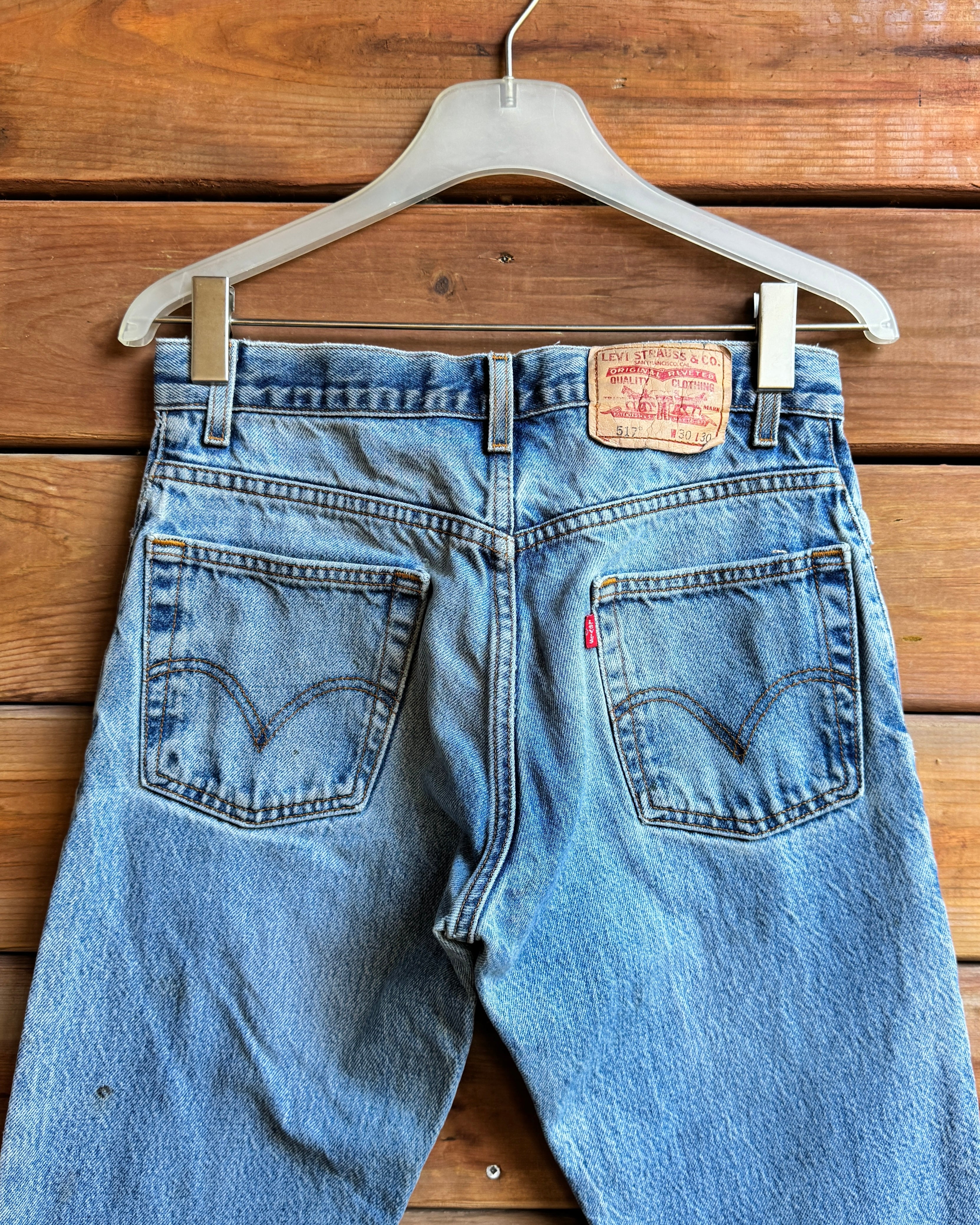 Vintage 90s Levis 517 Boot Cut Distressed Light Blue Wash Jeans Waist 29 Inseam 30