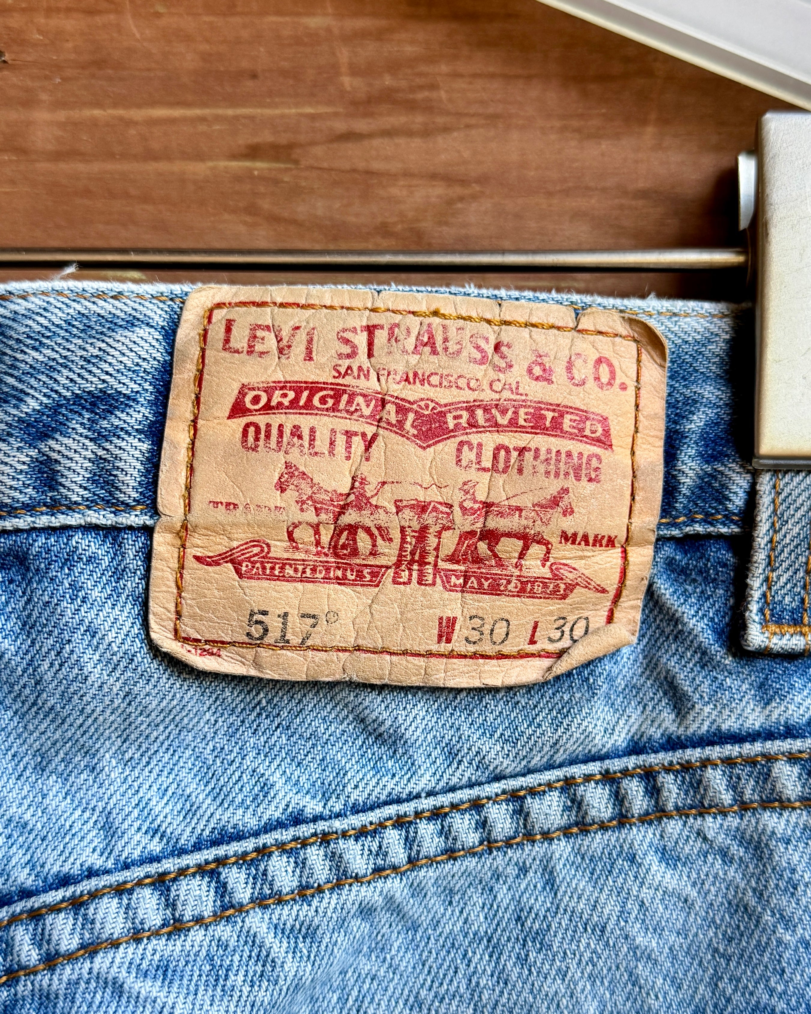 Vintage 90s Levis 517 Boot Cut Distressed Light Blue Wash Jeans Waist 29 Inseam 30