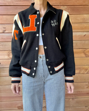 Vintage 1970s FLYNNTAN Black Cream & Orange Wool Embroidered Letterman Varsity College Snap Jacket Bomber M L 40