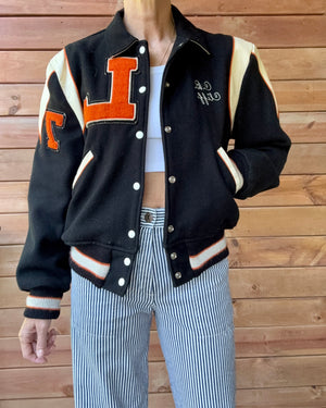 Vintage 1970s FLYNNTAN Black Cream & Orange Wool Embroidered Letterman Varsity College Snap Jacket Bomber M L 40