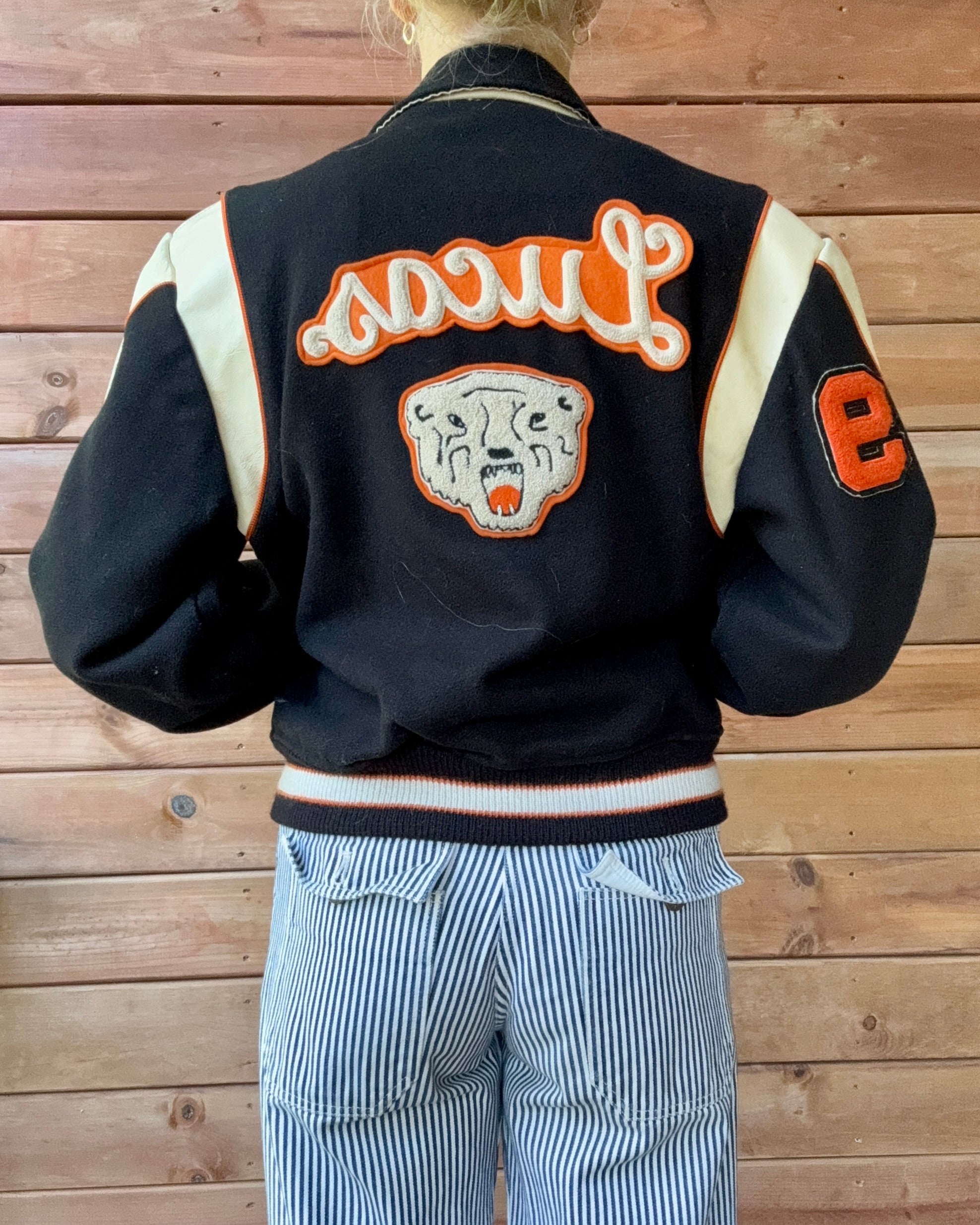 Vintage 1970s FLYNNTAN Black Cream & Orange Wool Embroidered Letterman Varsity College Snap Jacket Bomber M L 40