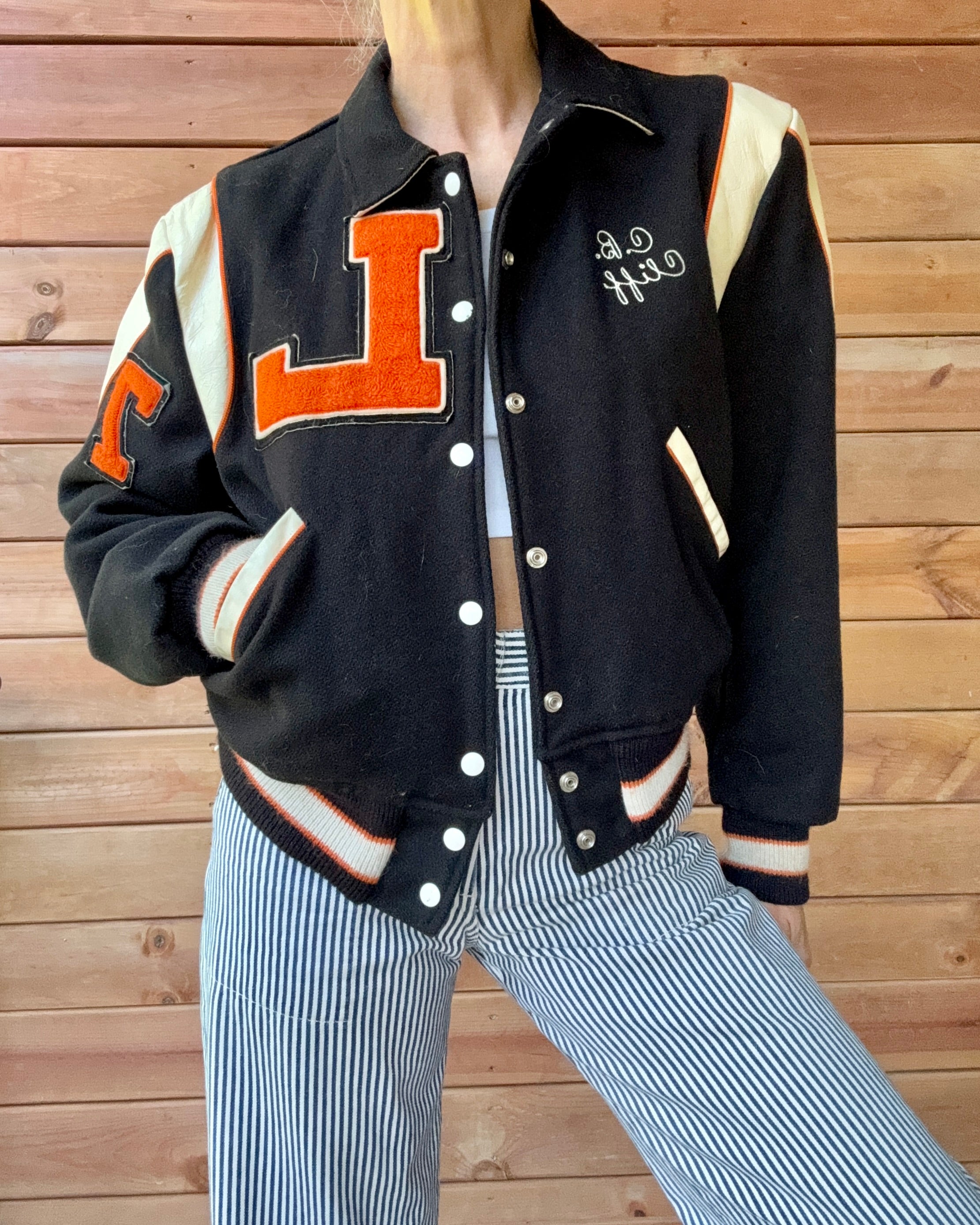 Vintage 1970s FLYNNTAN Black Cream & Orange Wool Embroidered Letterman Varsity College Snap Jacket Bomber M L 40
