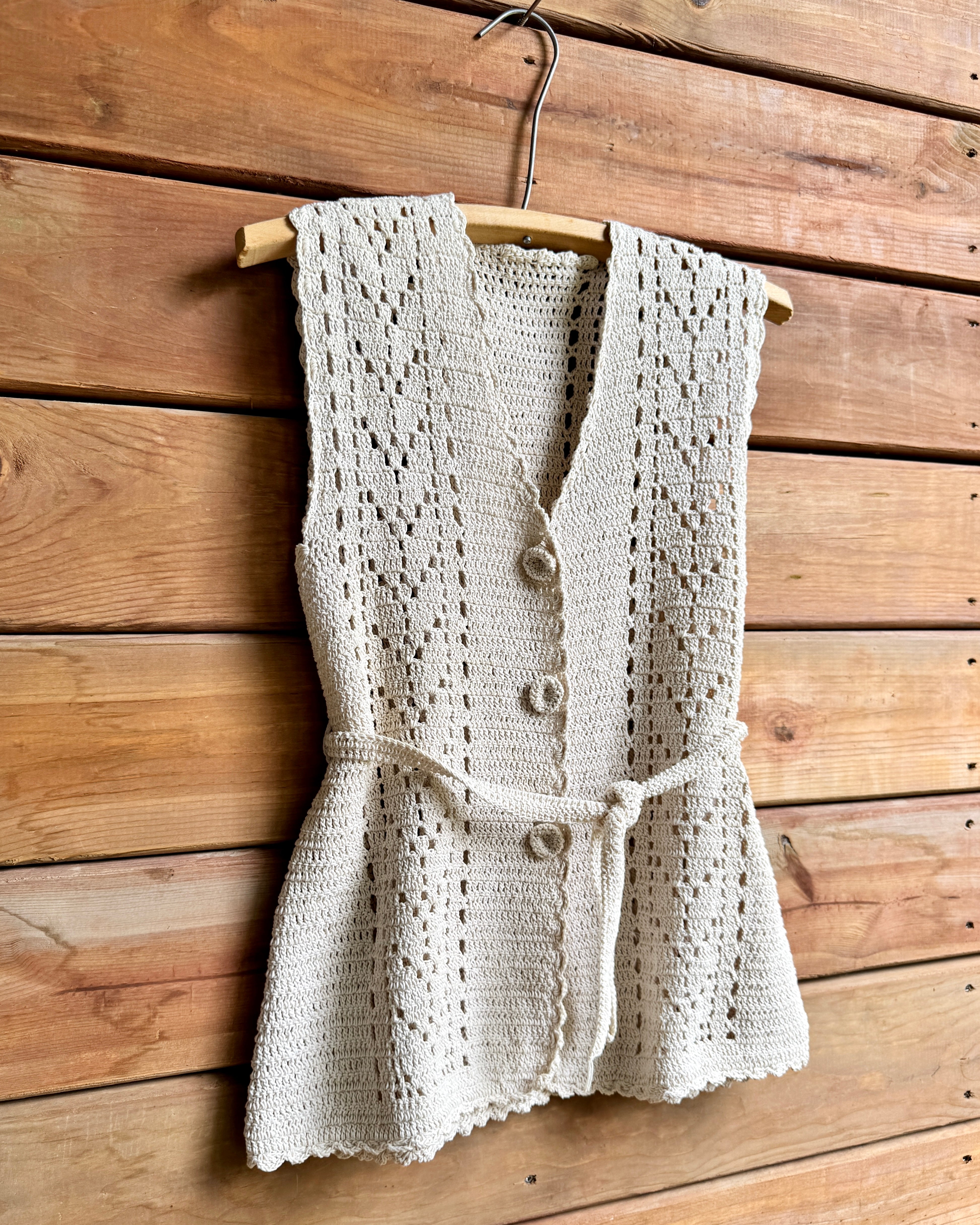 VINTAGE 1970s Handmade Natural Ivory Cream Knit Crochet VNeck Belted Cardigan Vest Size S