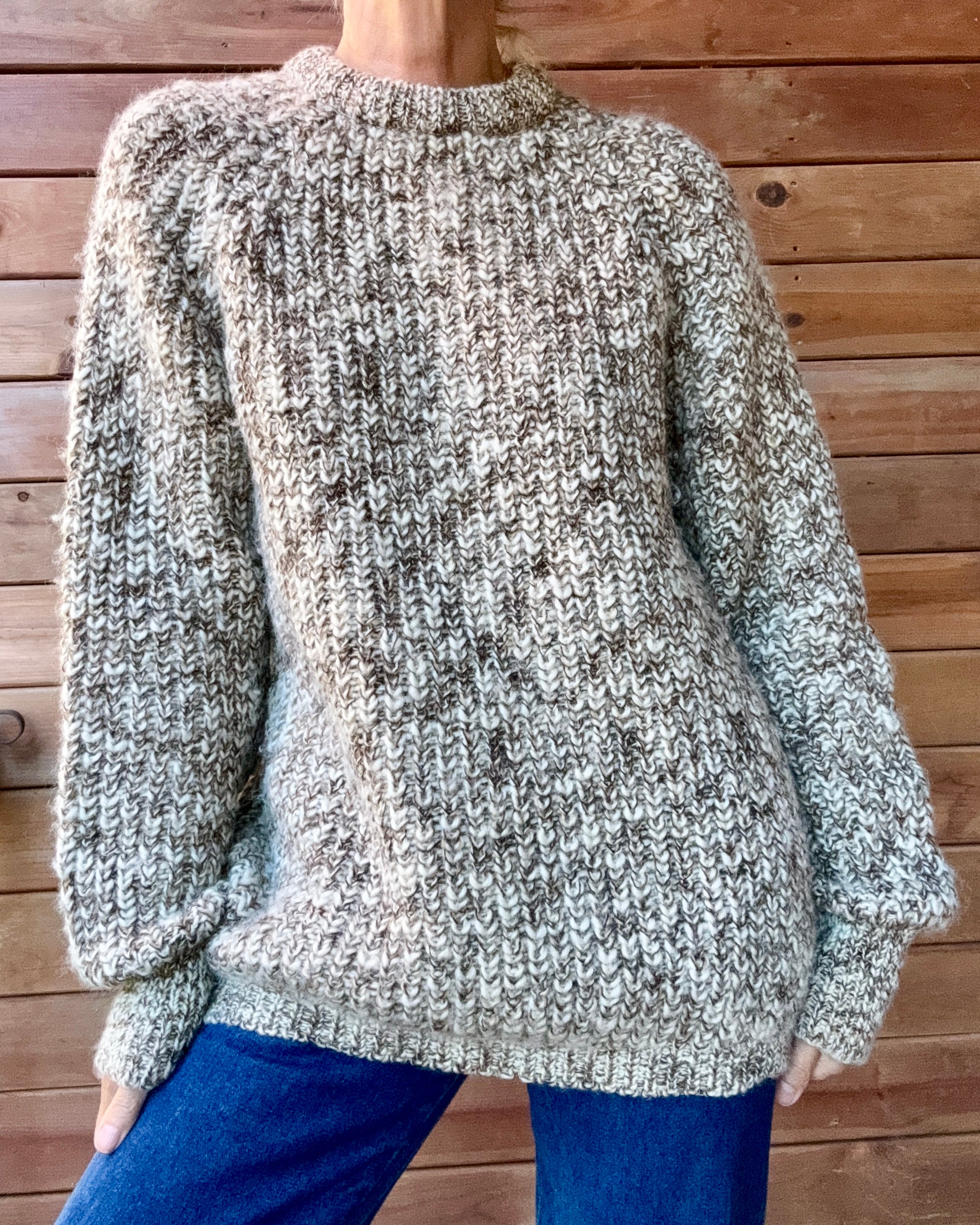Vintage BILLY BUCK Wool Handknit Heathered Marled Oatmeal Trellis Sweater Pullover Made in England L