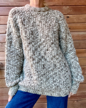 Vintage BILLY BUCK Wool Handknit Heathered Marled Oatmeal Trellis Sweater Pullover Made in England L
