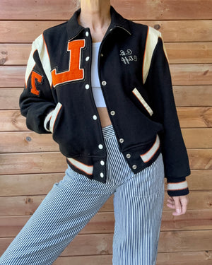 Vintage 1970s FLYNNTAN Black Cream & Orange Wool Embroidered Letterman Varsity College Snap Jacket Bomber M L 40