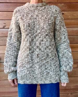 Vintage BILLY BUCK Wool Handknit Heathered Marled Oatmeal Trellis Sweater Pullover Made in England L