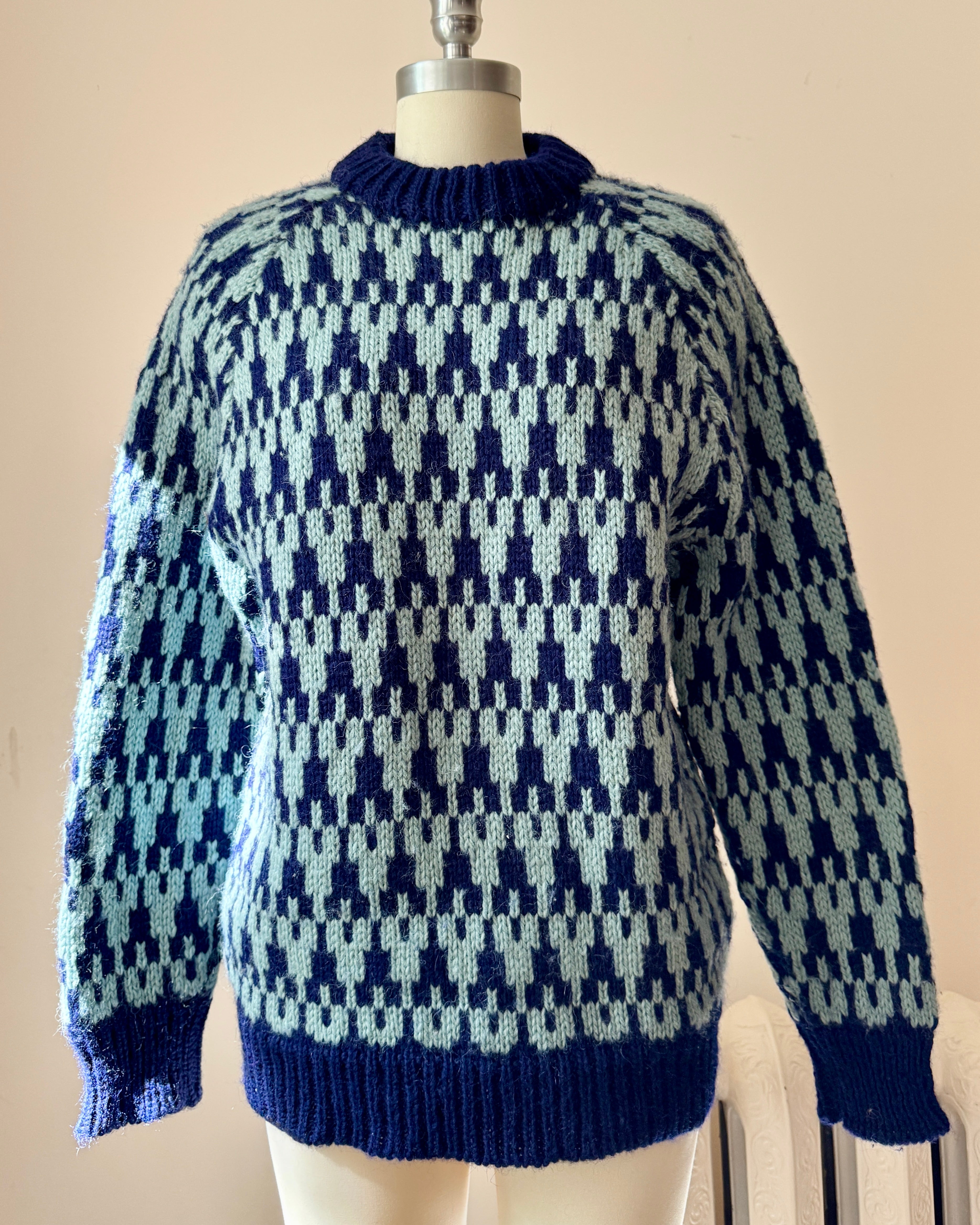 Vintage Hand knit Pure Wool Knit Sweater by CALARY Blue Mosaic Houndstooth Pattern Size M Made in Ireland
