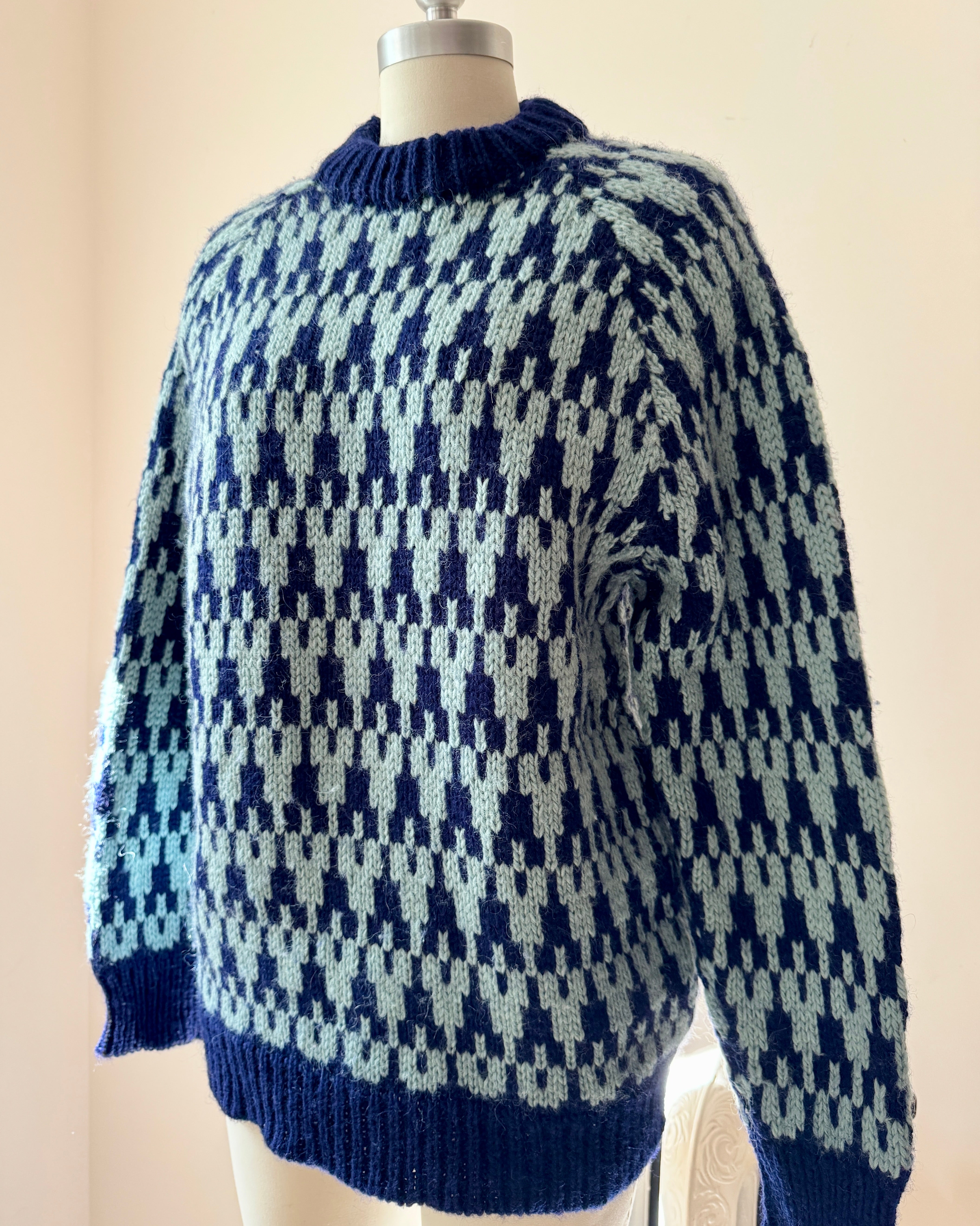 Vintage Hand knit Pure Wool Knit Sweater by CALARY Blue Mosaic Houndstooth Pattern Size M Made in Ireland
