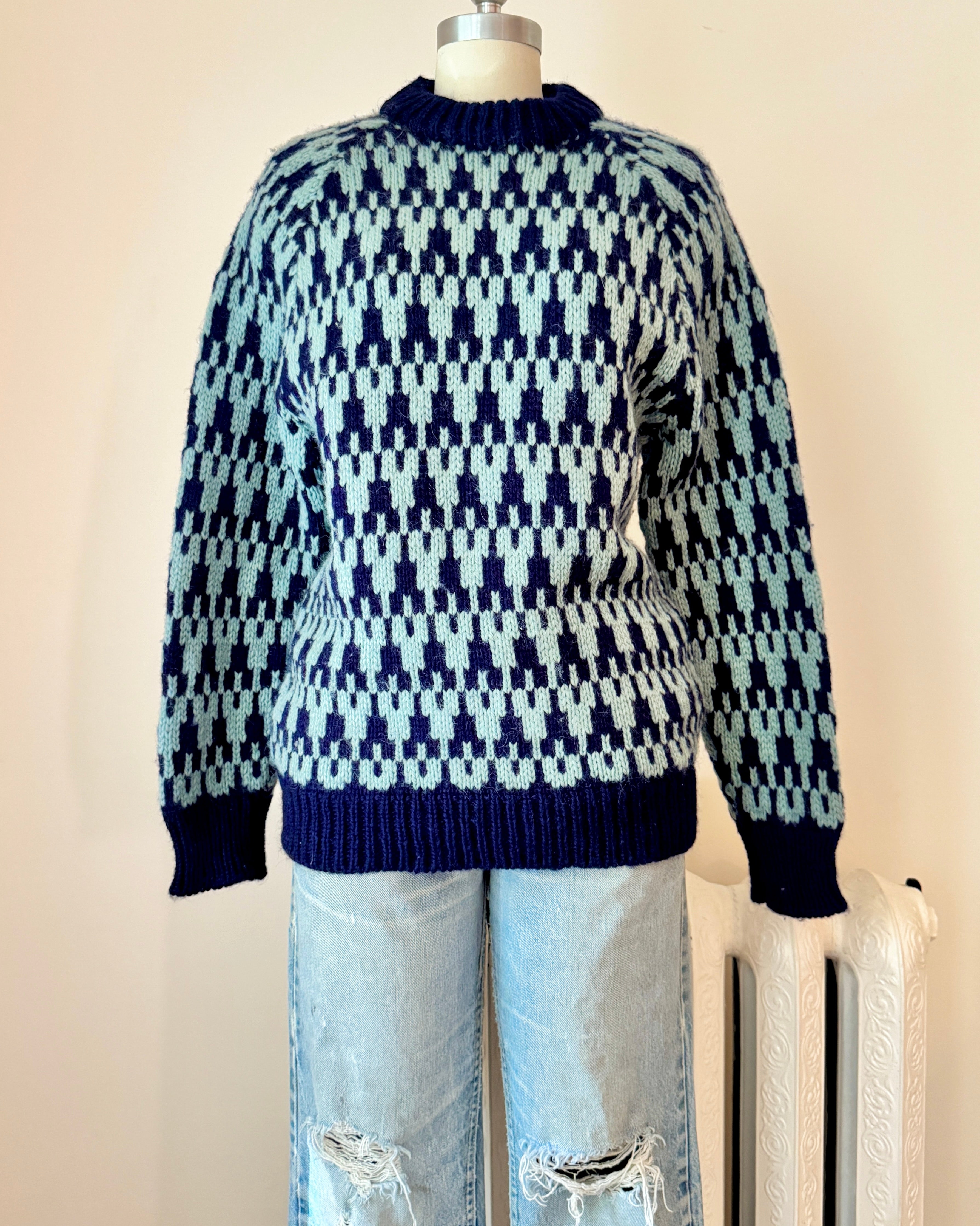Vintage Hand knit Pure Wool Knit Sweater by CALARY Blue Mosaic Houndstooth Pattern Size M Made in Ireland