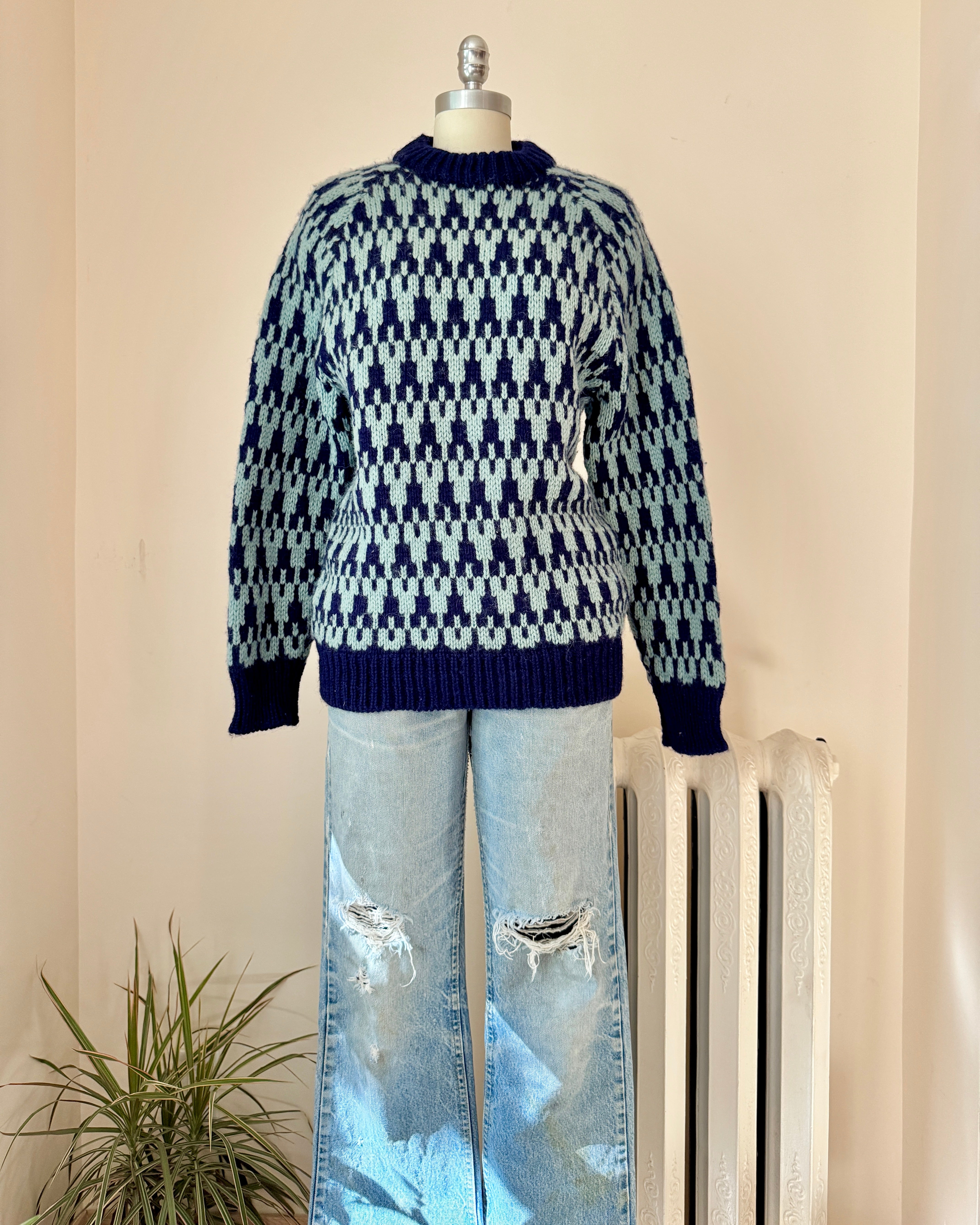 Vintage Hand knit Pure Wool Knit Sweater by CALARY Blue Mosaic Houndstooth Pattern Size M Made in Ireland