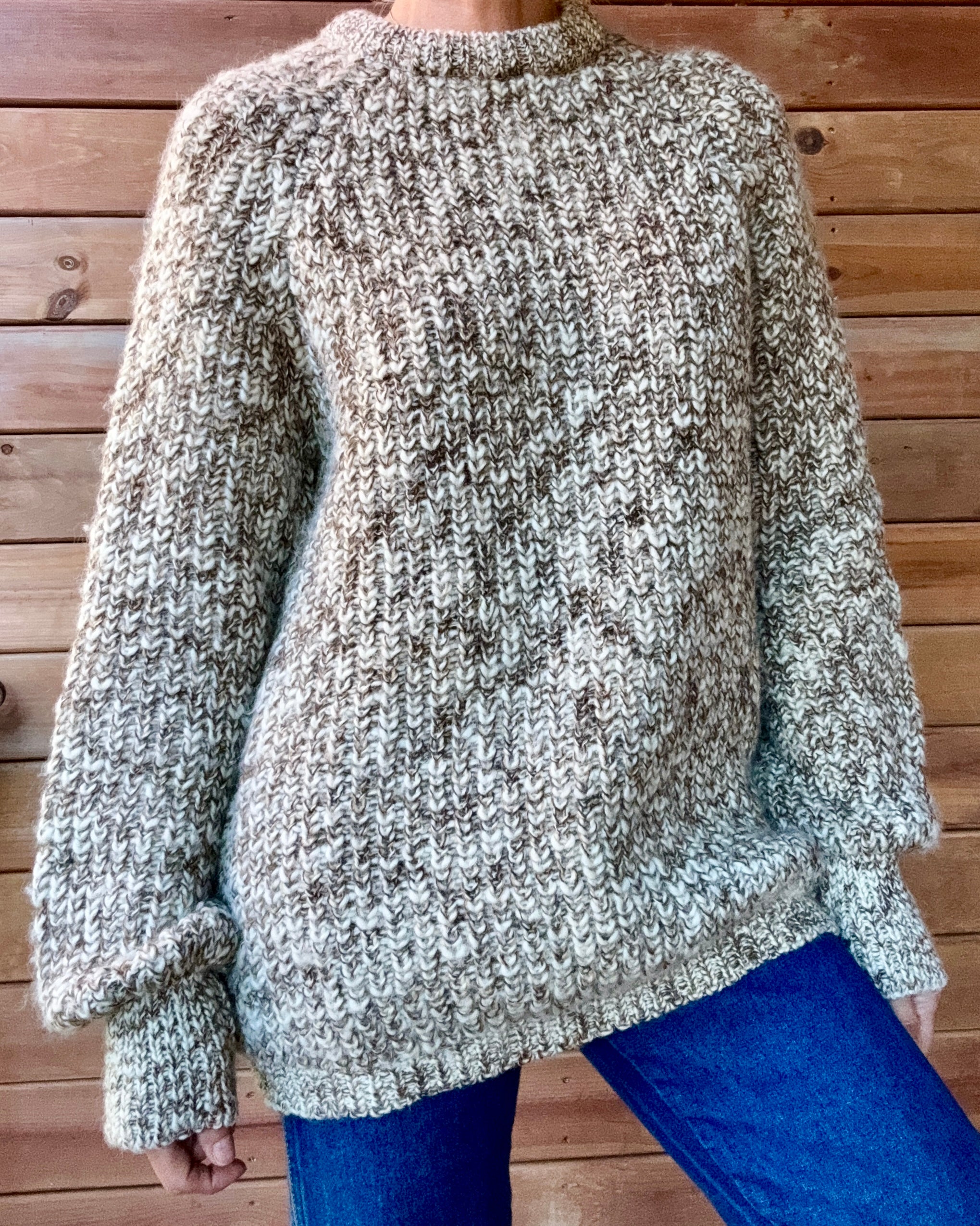 Vintage BILLY BUCK Wool Handknit Heathered Marled Oatmeal Trellis Sweater Pullover Made in England L