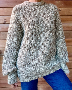 Vintage BILLY BUCK Wool Handknit Heathered Marled Oatmeal Trellis Sweater Pullover Made in England L