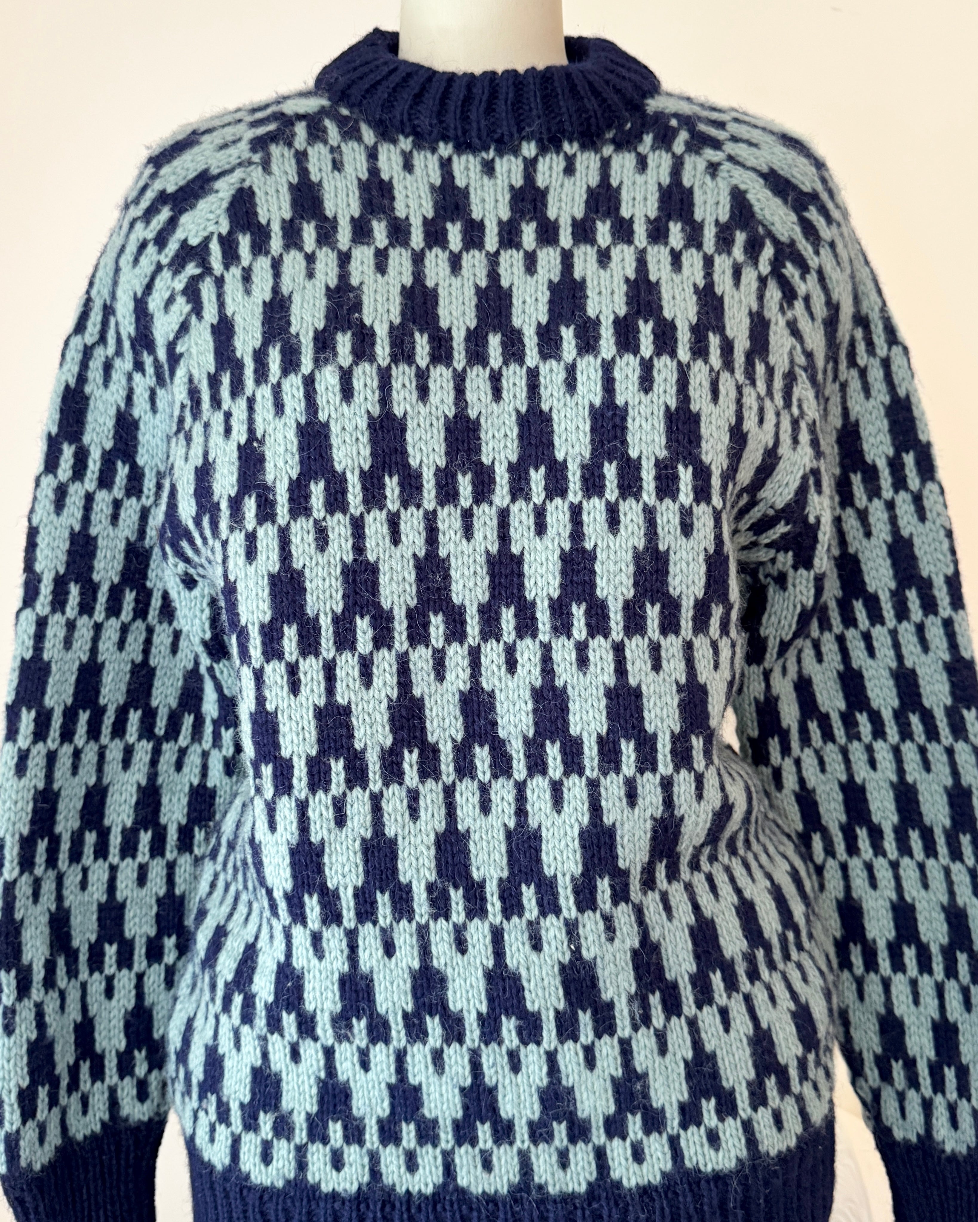 Vintage Hand knit Pure Wool Knit Sweater by CALARY Blue Mosaic Houndstooth Pattern Size M Made in Ireland