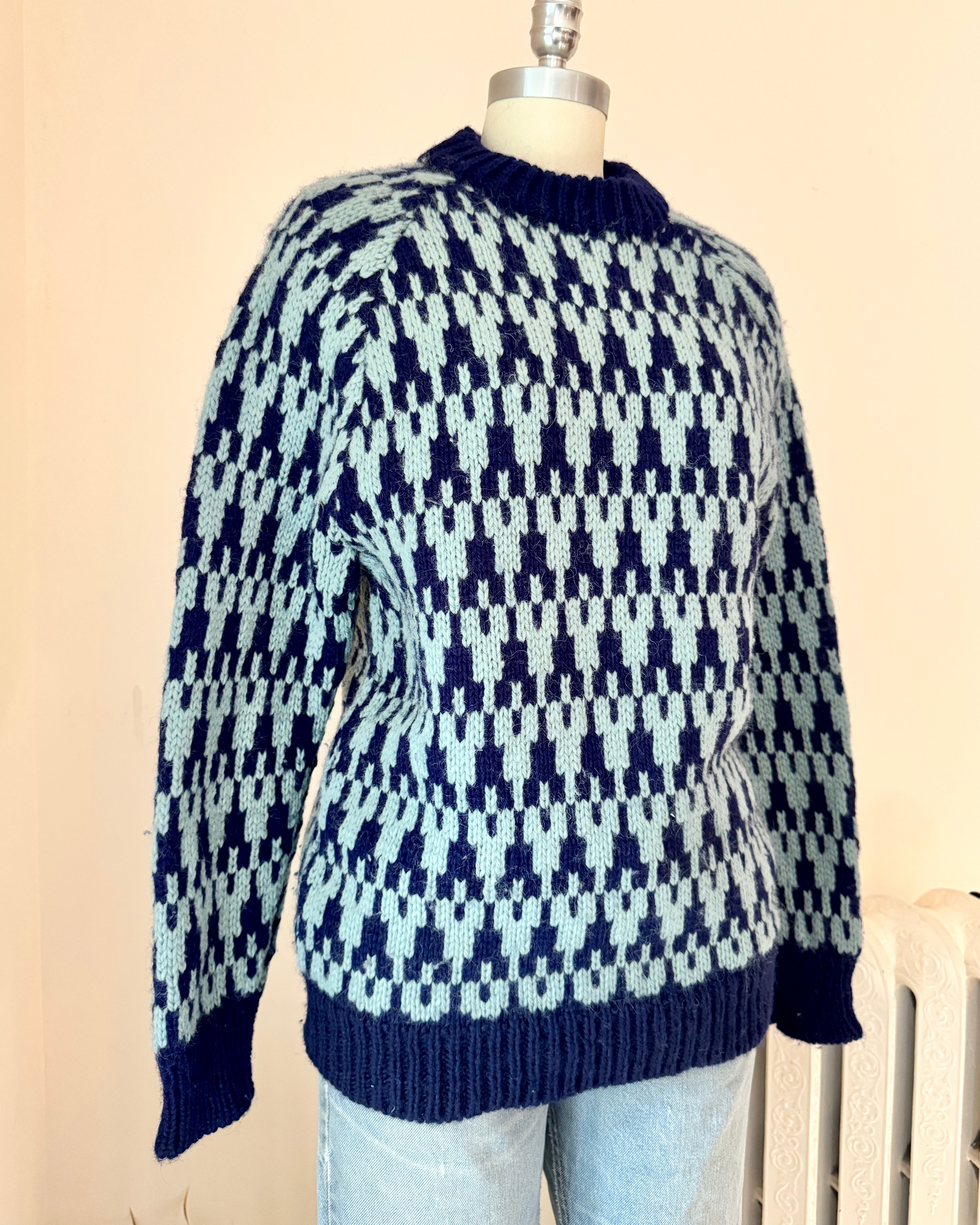 Vintage Hand knit Pure Wool Knit Sweater by CALARY Blue Mosaic Houndstooth Pattern Size M Made in Ireland