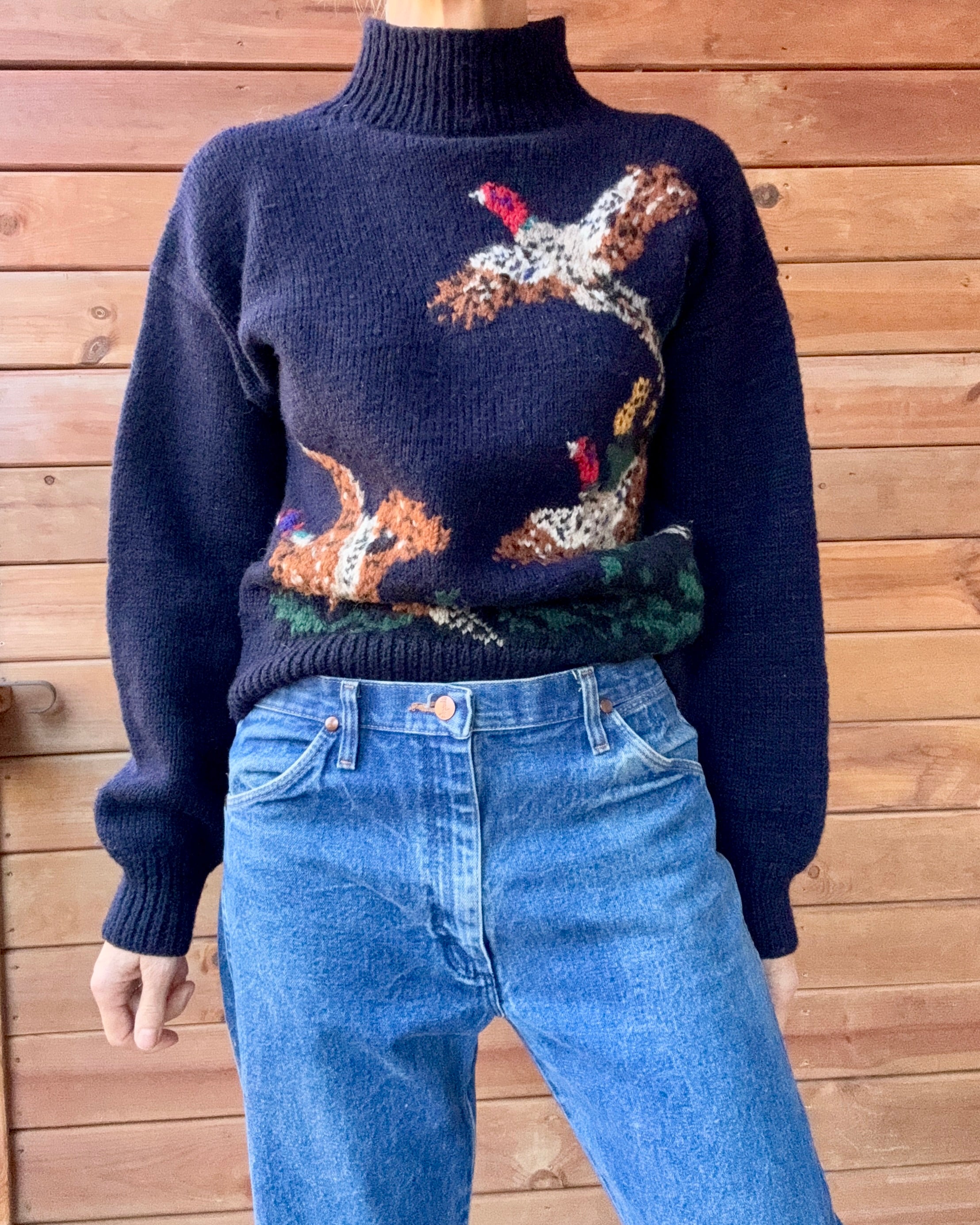 VINTAGE 1990s RUFF HEWN Navy Wool Pheasant Birds Mock Neck Sweater Jumper Pullover M