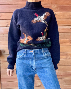 VINTAGE 1990s RUFF HEWN Navy Wool Pheasant Birds Mock Neck Sweater Jumper Pullover M