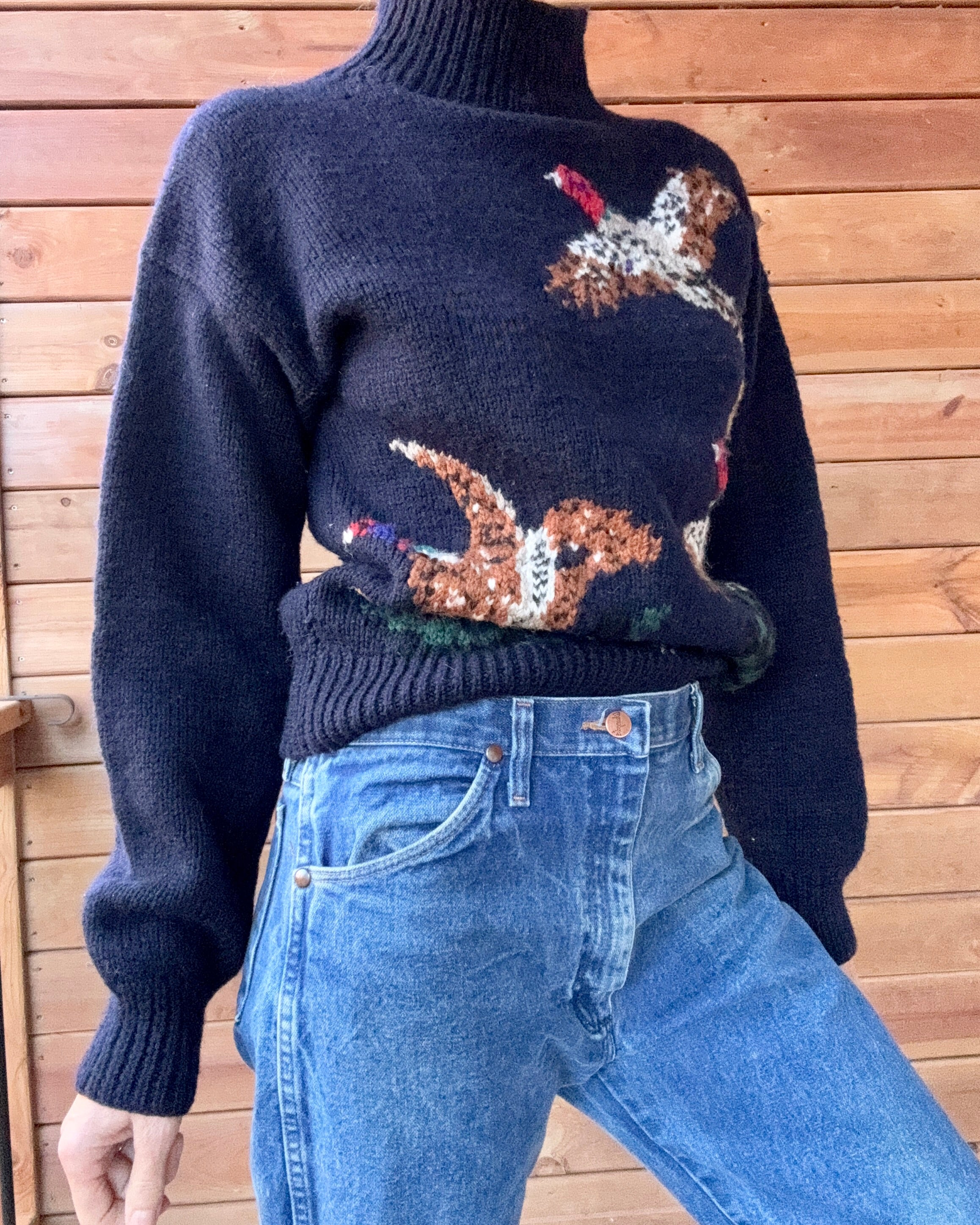 VINTAGE 1990s RUFF HEWN Navy Wool Pheasant Birds Mock Neck Sweater Jumper Pullover M